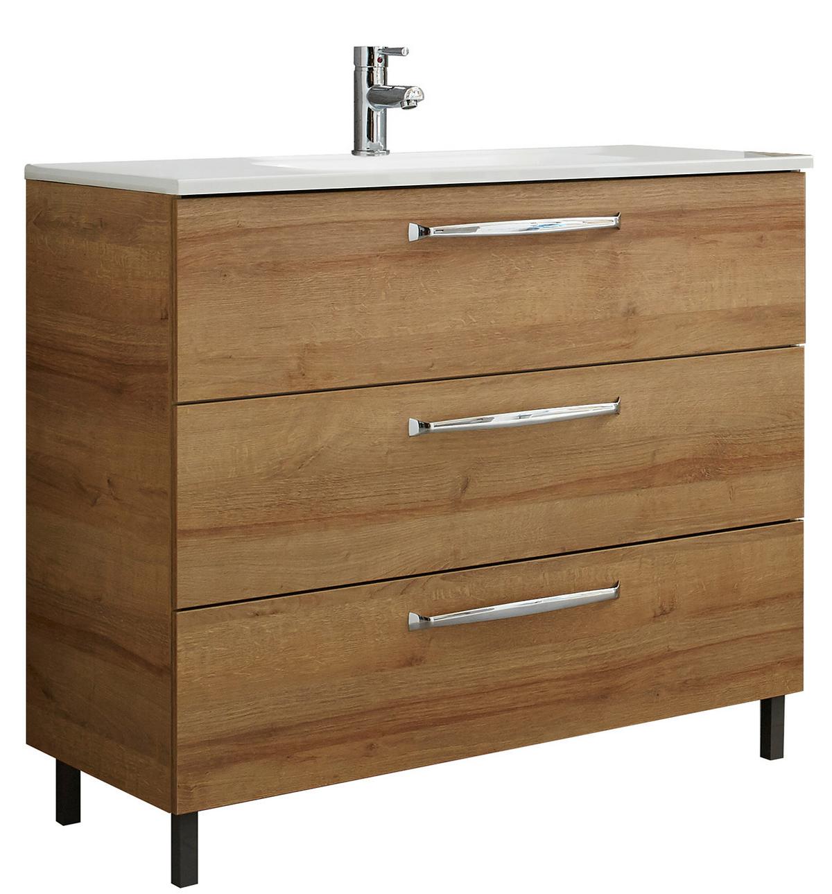 Mosdó Alsószekrény Luga - krómszínű/tölgyfa színű, Modern, faalapú anyag (100/77/43cm)