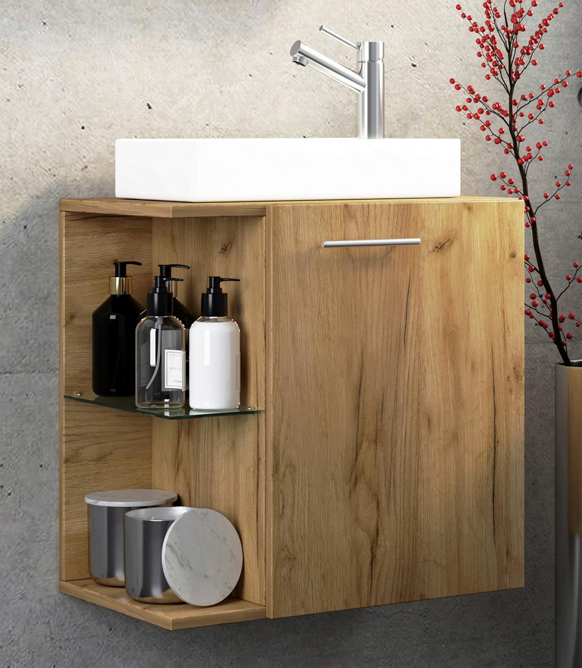 WASCHTISCHKOMBI HAUSA - Honigeiche/Weiss, Modern, Glas/Keramik (52cm) - MID.YOU