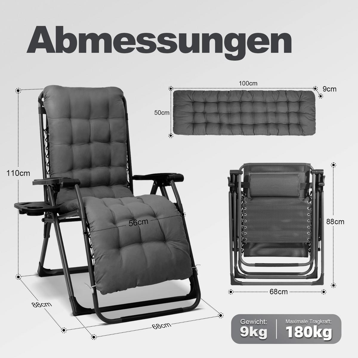Garten-Relaxsessel Dunkelgrau klappbar - Dunkelgrau/Schwarz, Basics, Textil/Metall (68/88/110cm) - Modante