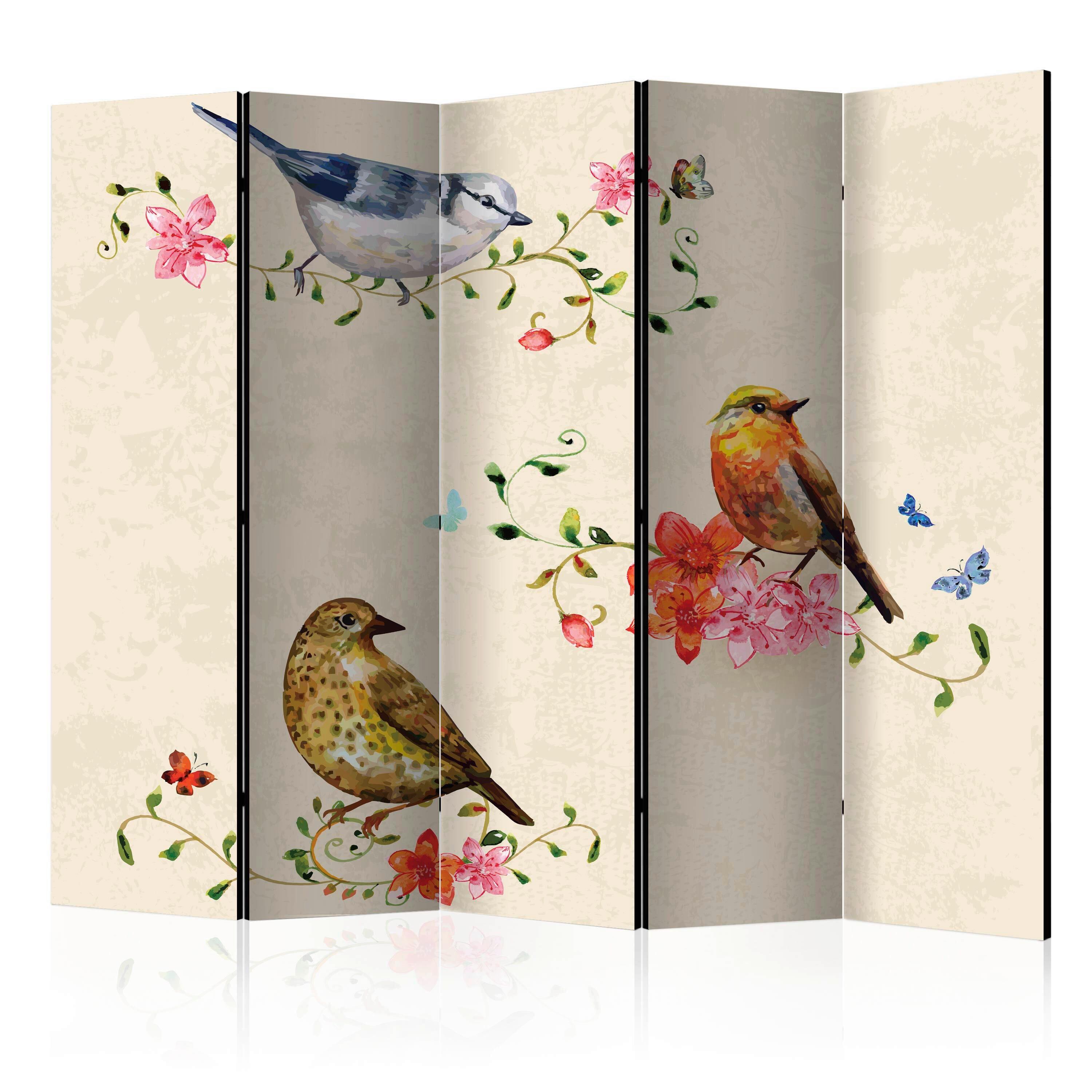Paravan Bird Song I, 5-Delni, Dvostranski - barve šampanjca/večbarvno, Basics, tekstil/les (225/172/3cm) - artgeist