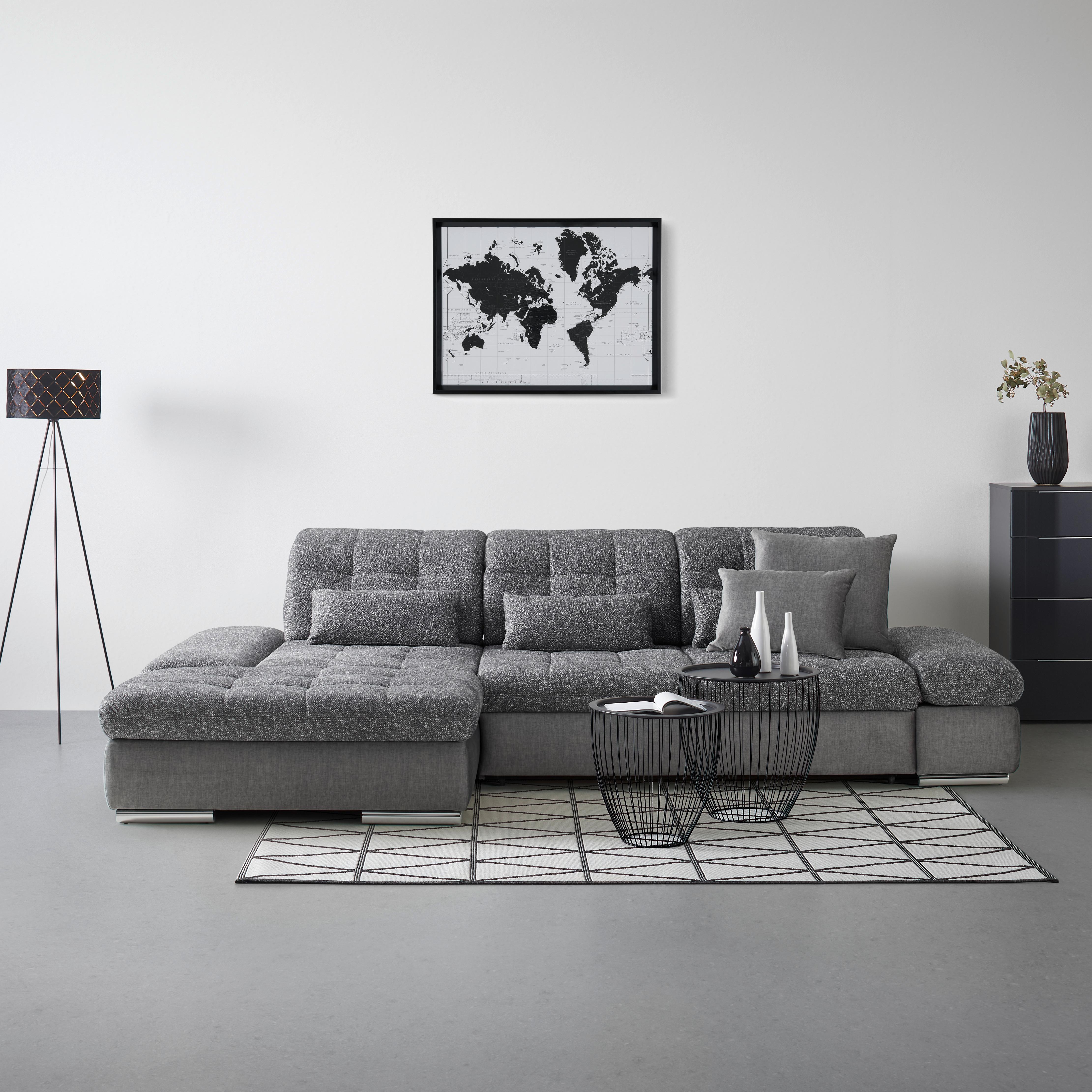 Wohnlandschaft Sanfino Graphitfarben/Grau - Chromfarben/Graphitfarben, KONVENTIONELL, Holz/Textil (199/79-96/305cm) - Premium Living