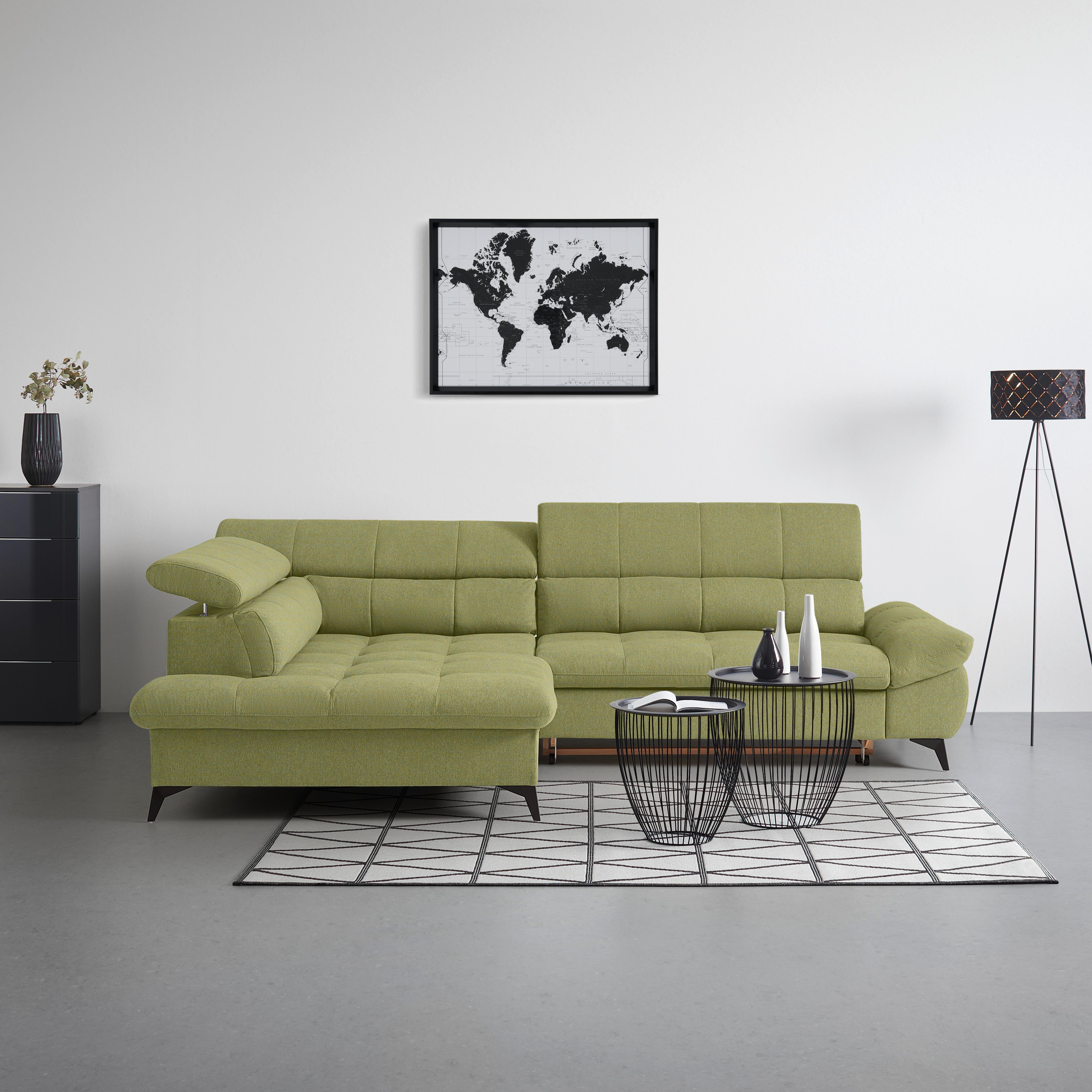 Wohnlandschaft Alberto Olivgrün - Schwarz/Olivgrün, MODERN, Textil/Metall (296/78/201cm) - Mömax