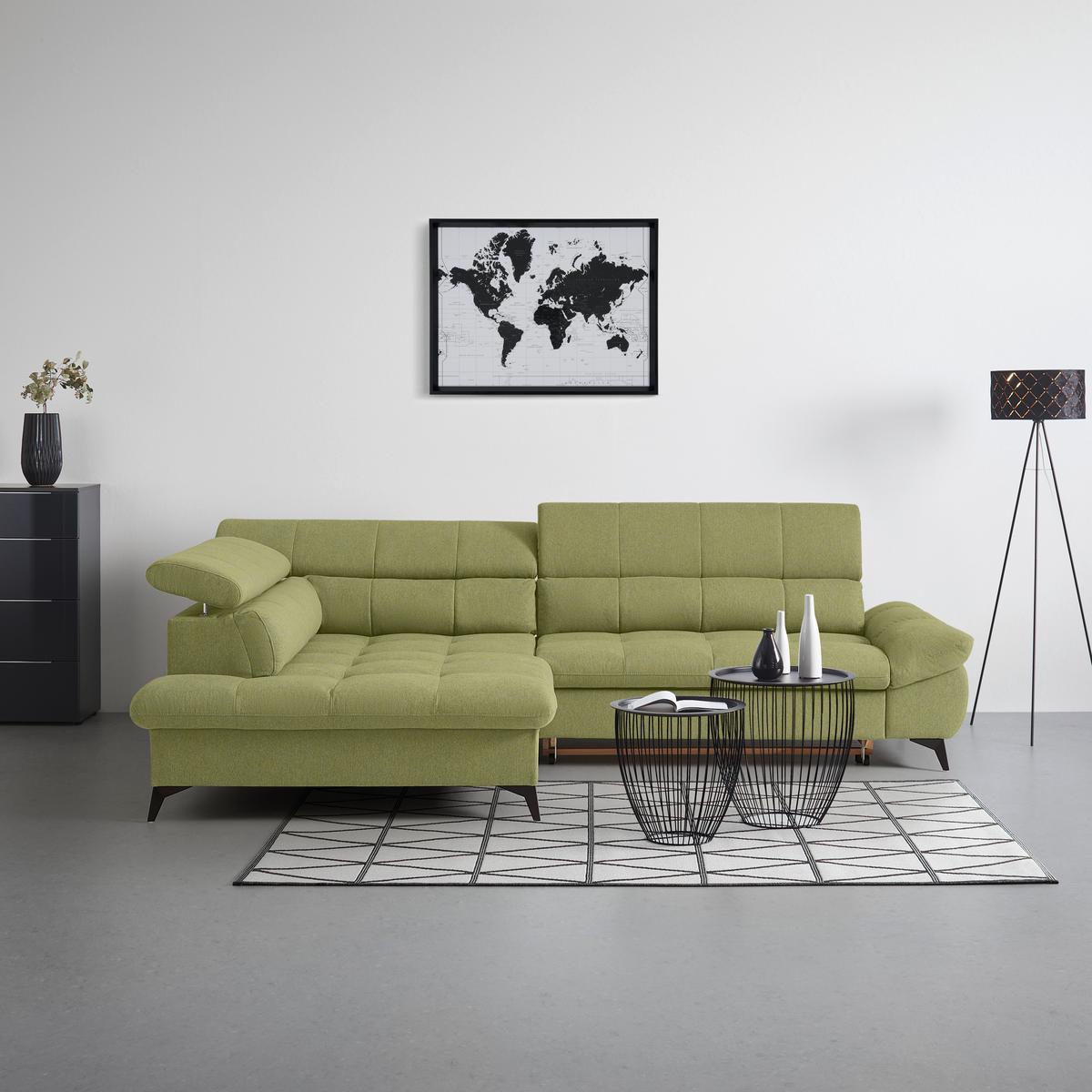 Wohnlandschaft Alberto Olivgrün - Schwarz/Olivgrün, MODERN, Textil/Metall (201/296cm) - Mömax
