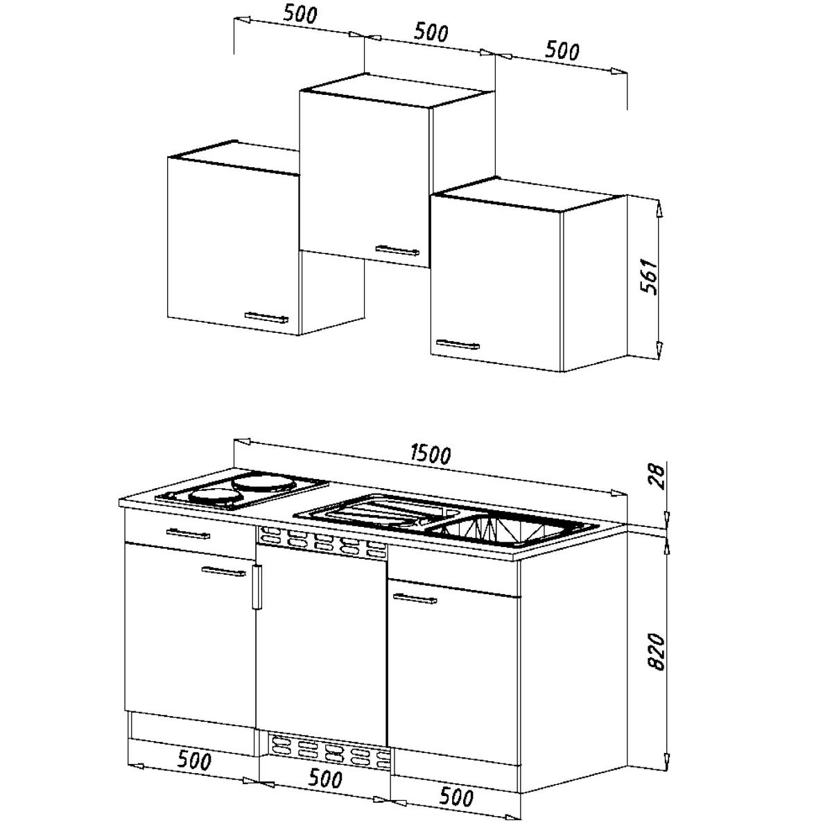 Miniküche Economy m. Geräten B: ca. 150cm Rot/Eichefarben - Rot, Basics, Holzwerkstoff (150cm) - Respekta