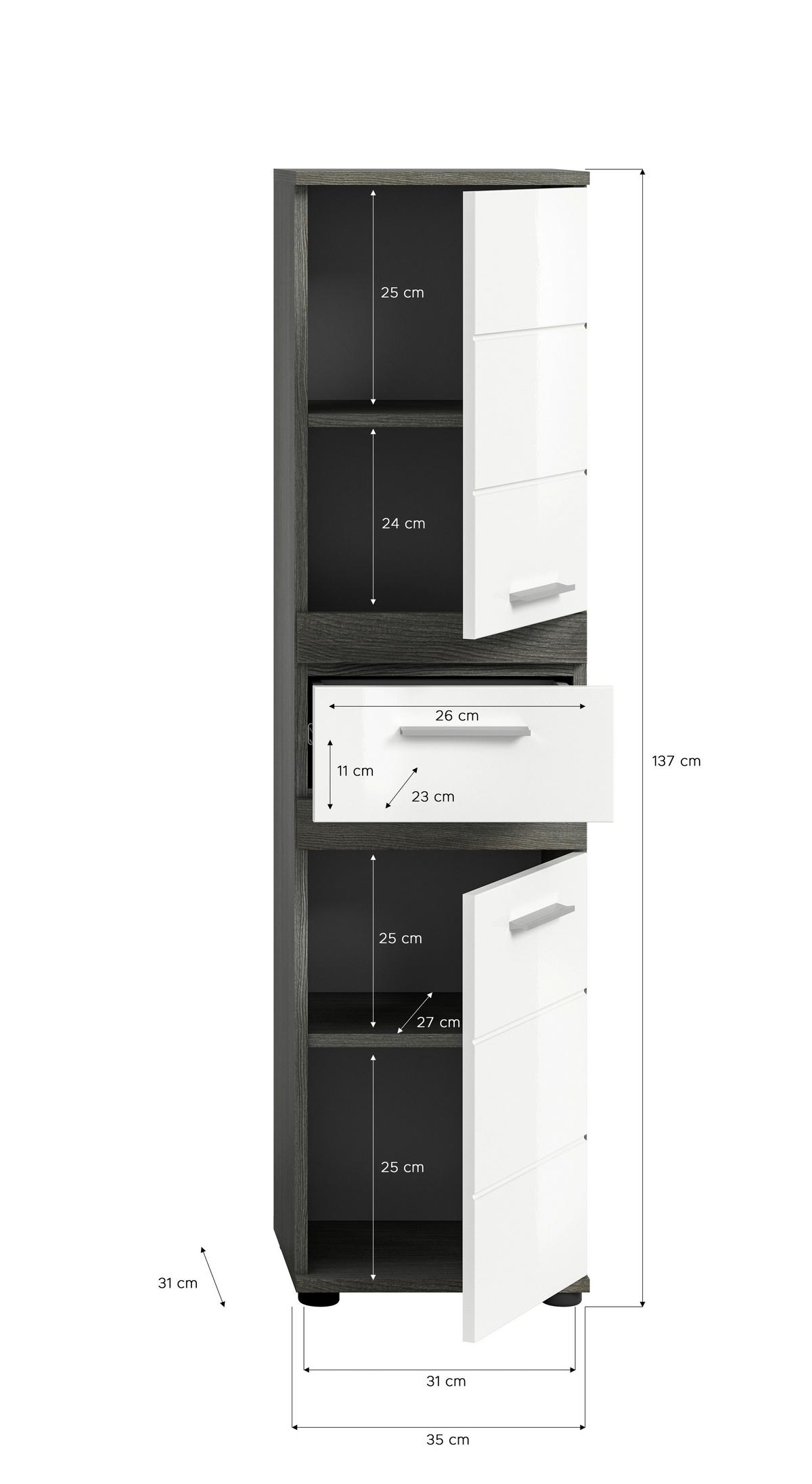 Midischrank Blake ca. 35x137 cm Rauchsilber/Weiß - Weiß Hochglanz, MODERN, Holzwerkstoff/Kunststoff (35/137/31cm) - MID.YOU
