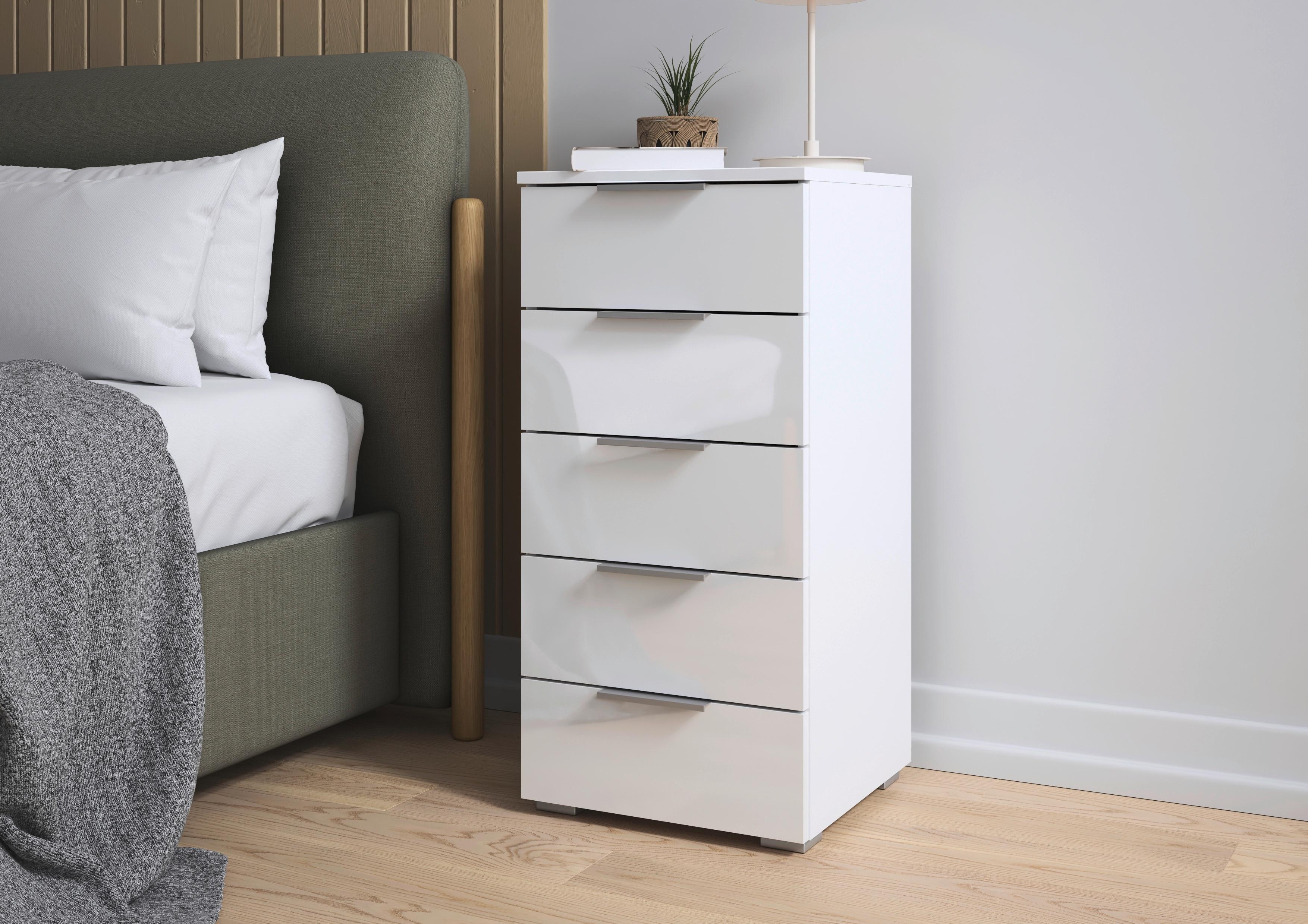 Noptiera MARS 5L-HG - alb/alb lucios intens, Basics, material pe bază de lemn (40/84/40cm) - Modern Living