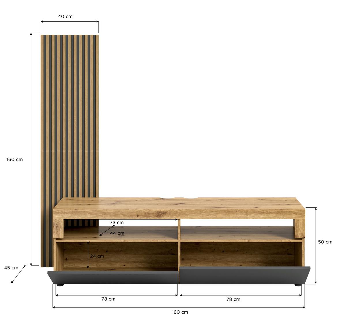 Lowboard Okai ca. 160x90 cm Eiche/Grau - Anthrazit, KONVENTIONELL, Holzwerkstoff/Kunststoff (160/90/45cm) - MID.YOU