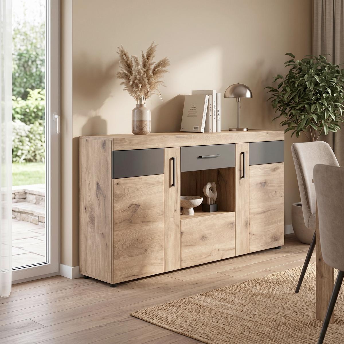 Comodă Cu Uși Grano - gri închis/culoare lemn stejar, Trend, sticlă/material pe bază de lemn (157/86/40,9cm) - Modern Living