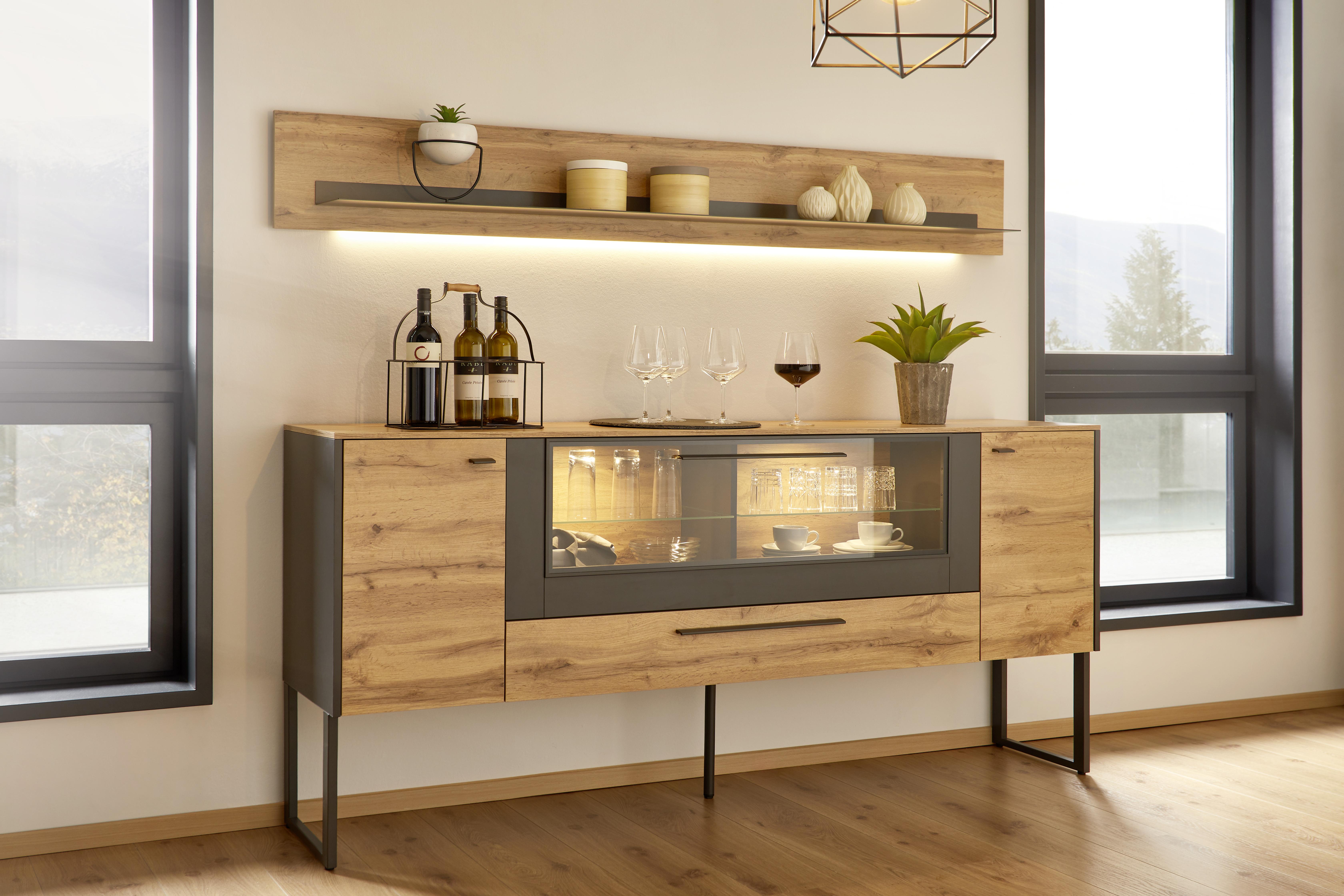 Sideboard in Eichefarben - Schieferfarben/Eichefarben, MODERN, Holzwerkstoff/Metall (197/91/40cm) - Premium Living