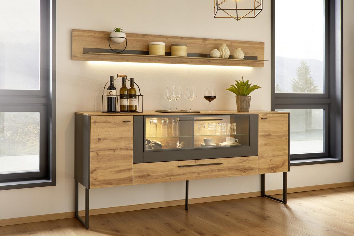 Wandboard in Schwarz/Eichefarben - Schieferfarben/Eichefarben, Modern, Holzwerkstoff/Metall (197/27/22cm) - Premium Living