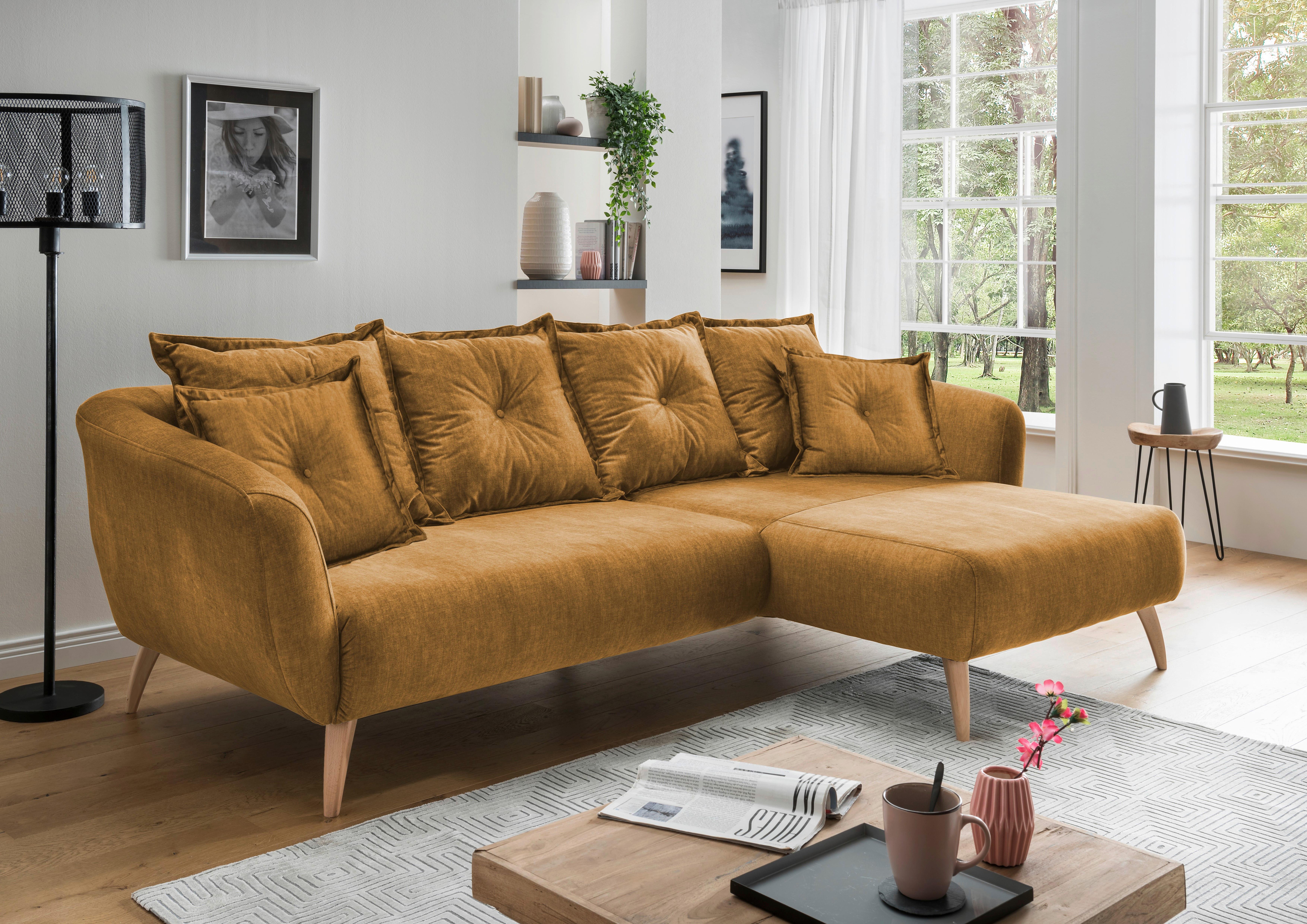 Wohnlandschaft Baggio Gelb Velours - Gelb/Buchefarben, MODERN, Holz/Textil (277/162cm) - Livetastic