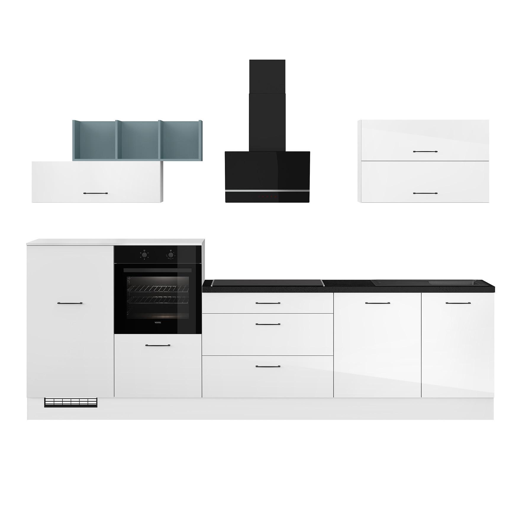 Küchenblock inkl. 5 E-Geräte IP4050 Weiß Hochglanz - Weiß Hochglanz/Schwarz, Trend, Holzwerkstoff/Metall (320cm) - Impuls