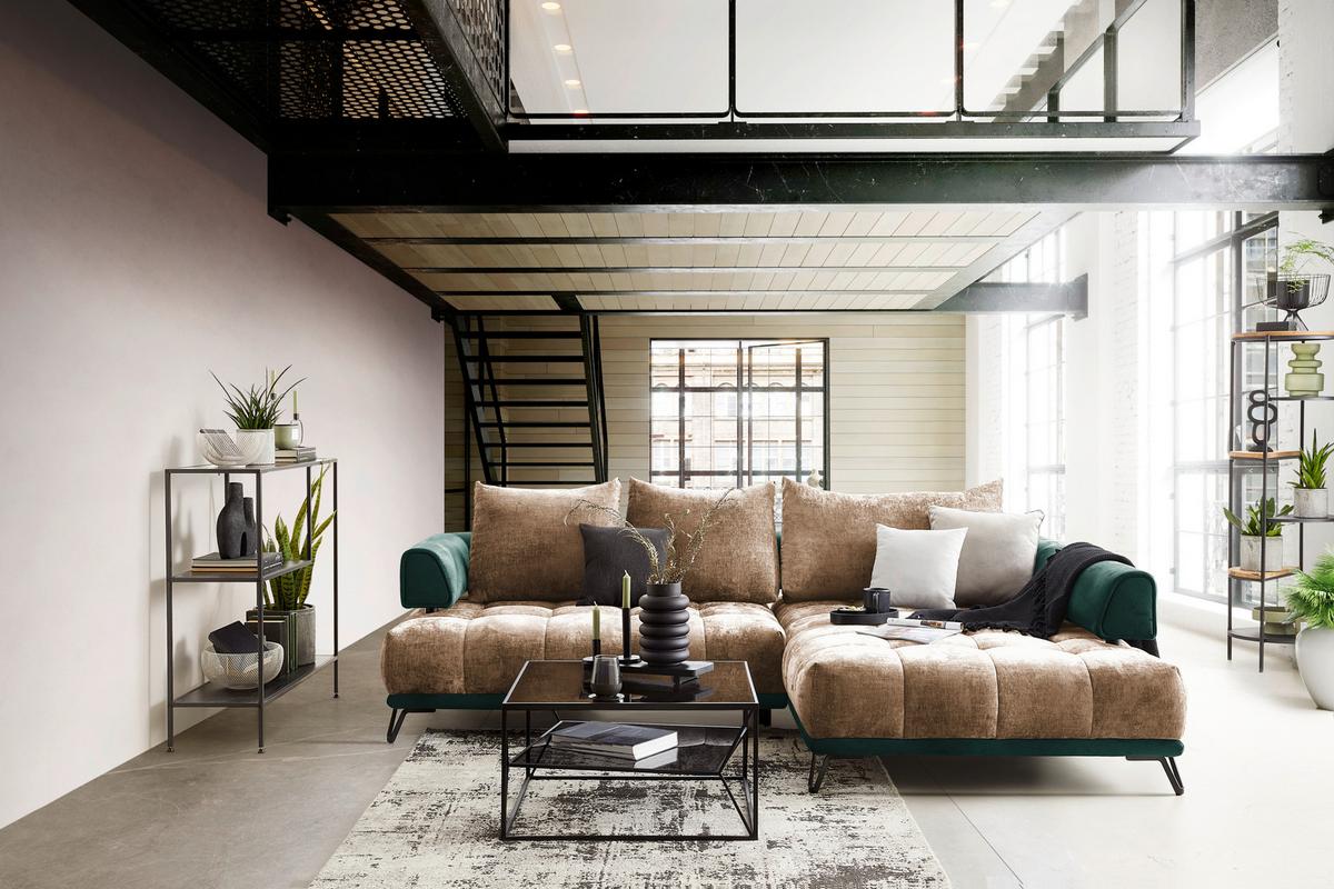 Ecksofa Morgan Dumkelgrün/Cappuccino - Dunkelgrün/Beige, MODERN, Textil/Metall (262/184cm) - Mömax