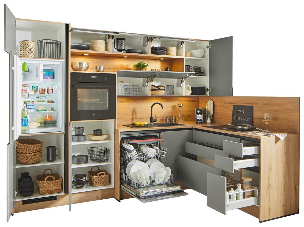 Eckküche Anthrazit/Dekor Eiche ohne Geräte, ohne Zubehör - Anthrazit/Schwarz, MODERN, Holzwerkstoff (302/197cm) - Express-Kuechen
