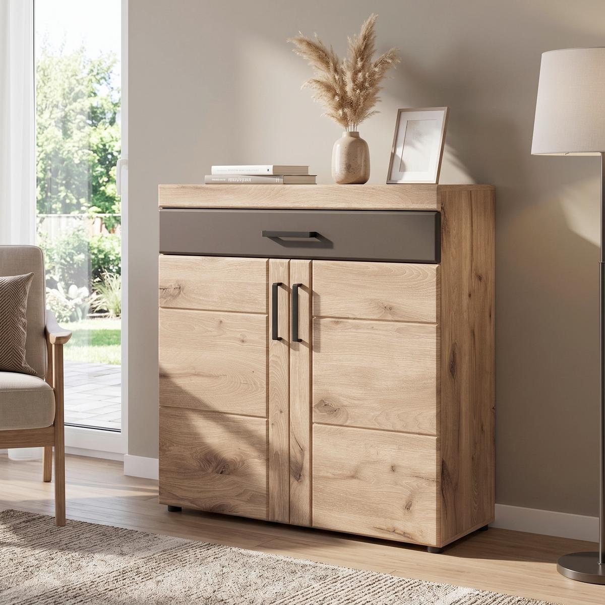 Comodă Grano - culoare lemn stejar/gri, Trend, material pe bază de lemn (92,8/100,2/38cm) - Modern Living
