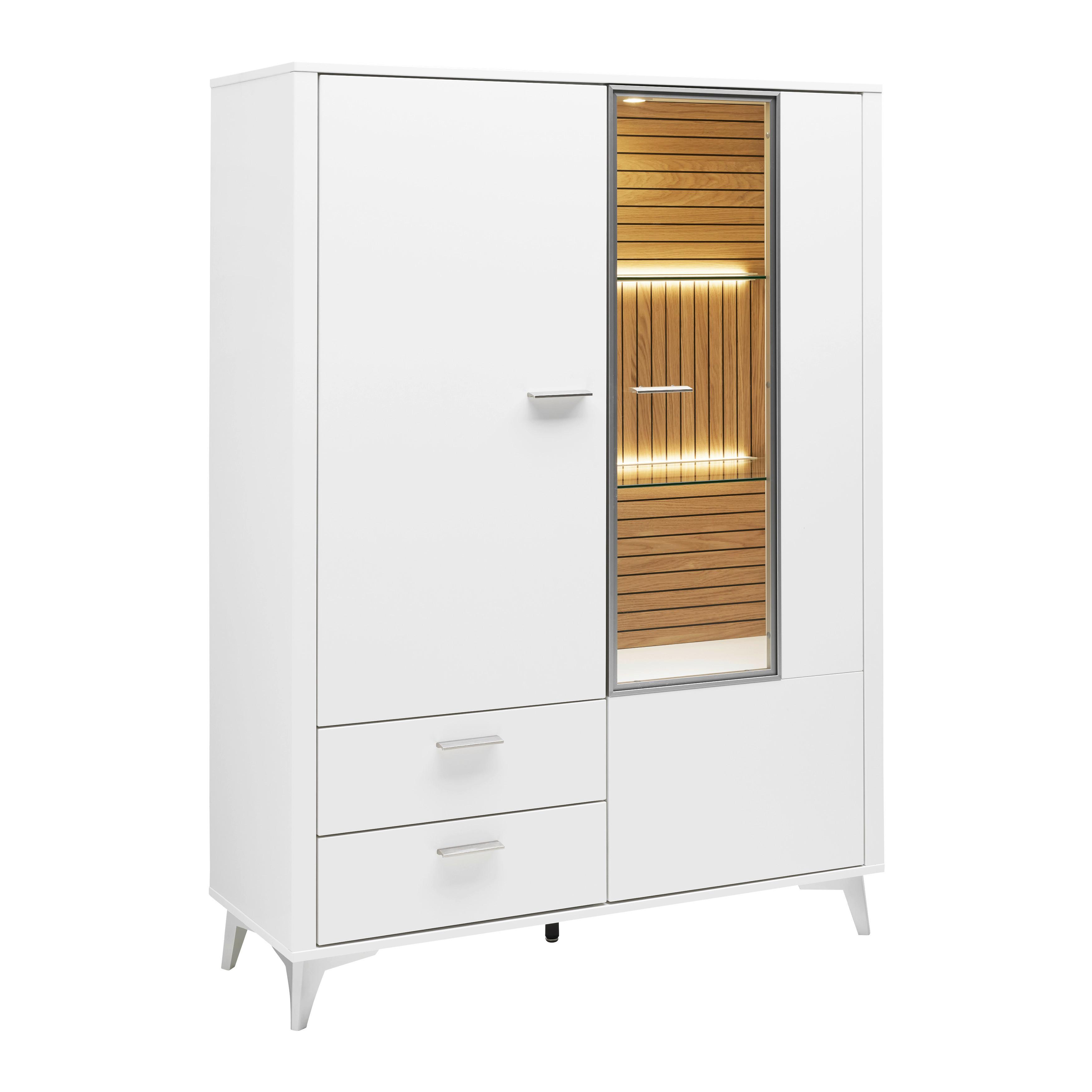 Highboard Studio 11 in Weiß/Eichefarben - Eichefarben/Alufarben, MODERN, Glas/Holzwerkstoff (115/155/40cm) - Premium Living