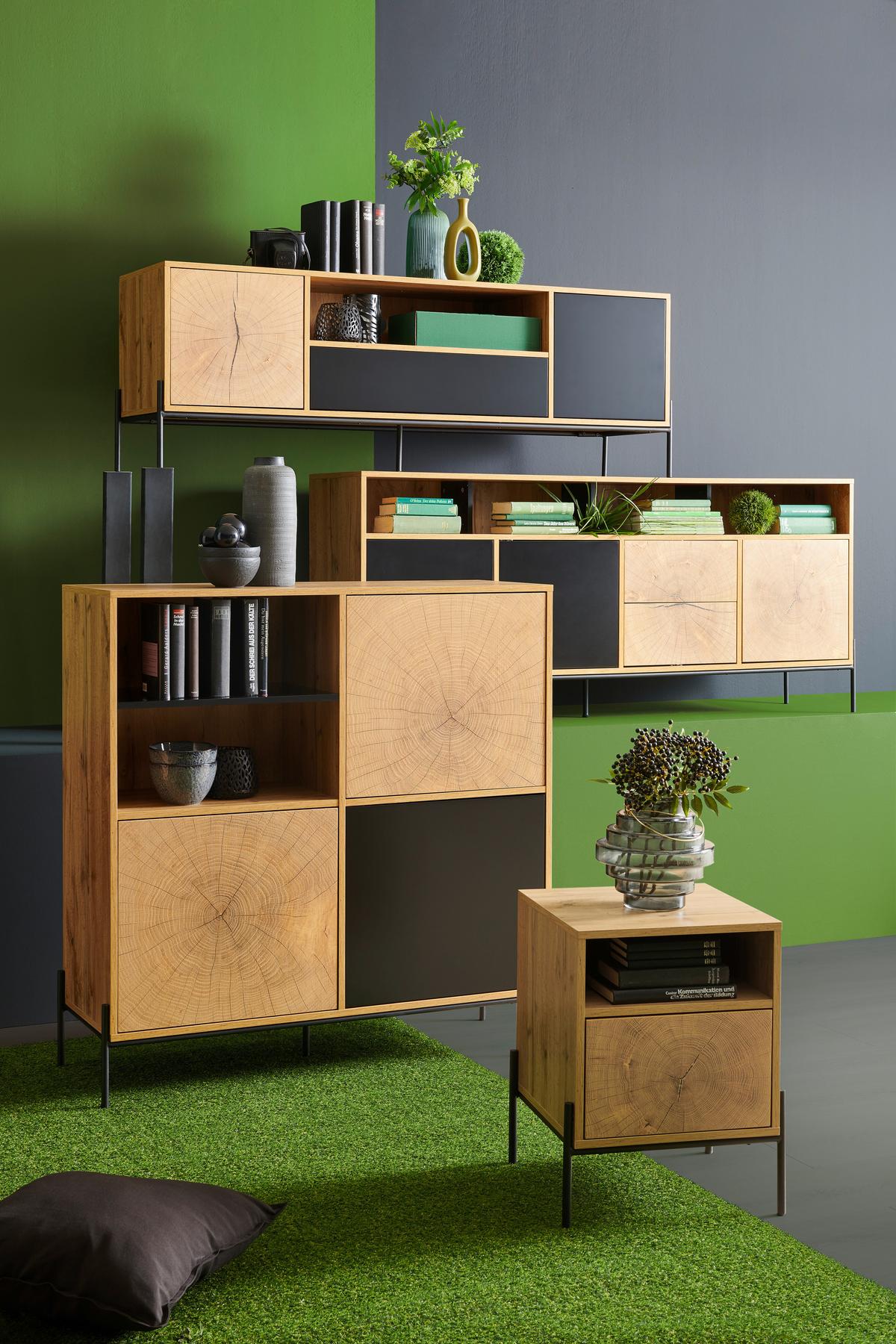 SZAFKA NOCNA LIVI - kolor dębowy/czarny, Design, materiał drewnopochodny/metal (44/55/40cm) - Carryhome