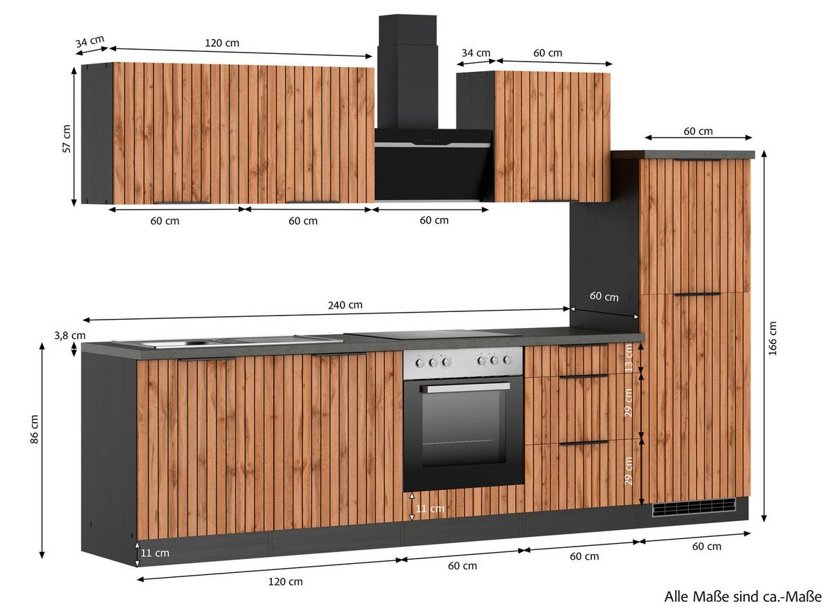 Küchenblock Liverpool m. Geräte Graphit/Eichefarben - Schieferfarben/Eiche Wotan, Basics, Holzwerkstoff/Metall (300cm) - Held