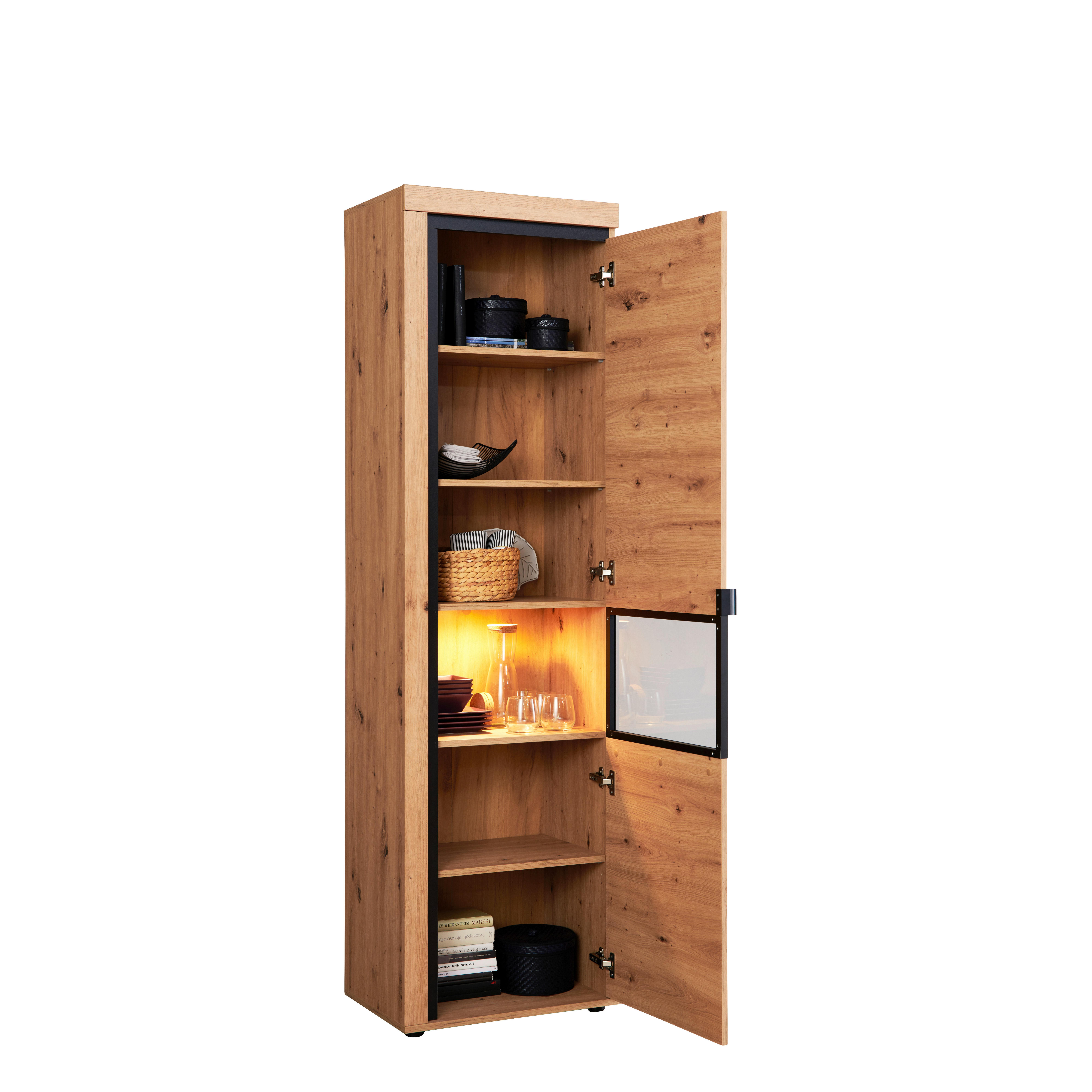 Vitrina Nyon - boje hrasta/crna, Moderno, staklo/drvni materijal (56,8/200,1/40,5cm) - Modern Living