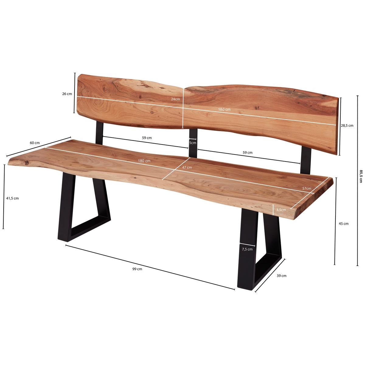 Klop Gaya, Pravi Les - črna/barve akacije, Design, kovina/les (180/86/60cm) - MID.YOU