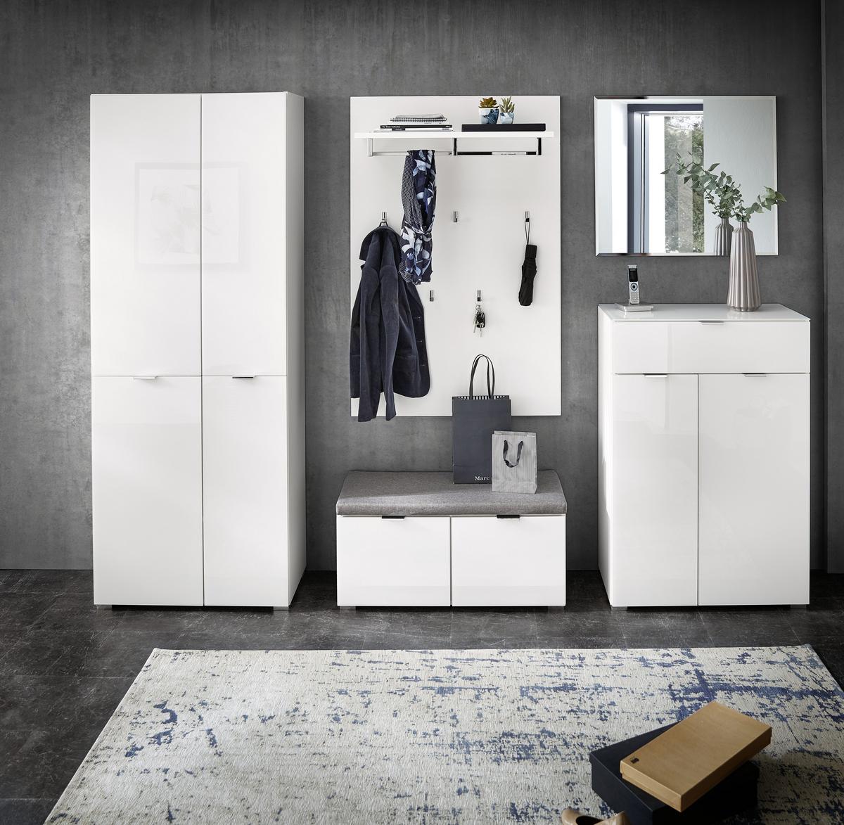 Dulap pentru pantofi Q-Bic - alb, Modern, sticlă/material pe bază de lemn (74/114/37cm) - Premium Living