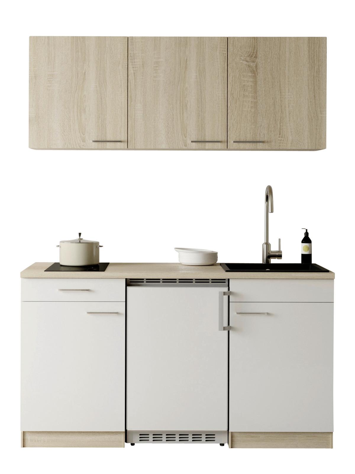Miniküche Ingrid m. Geräten ca. 150cm Weiß - Eichefarben/Alufarben, Design, Holzwerkstoff/Kunststoff (150cm) - Respekta
