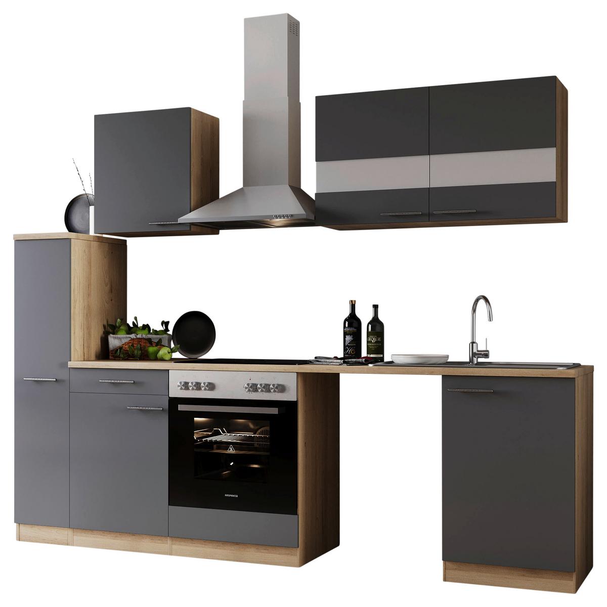 Küchenblock Merle m. Geräten Grau - Edelstahlfarben/Eichefarben, Basics, Glas/Holzwerkstoff (250cm) - Respekta