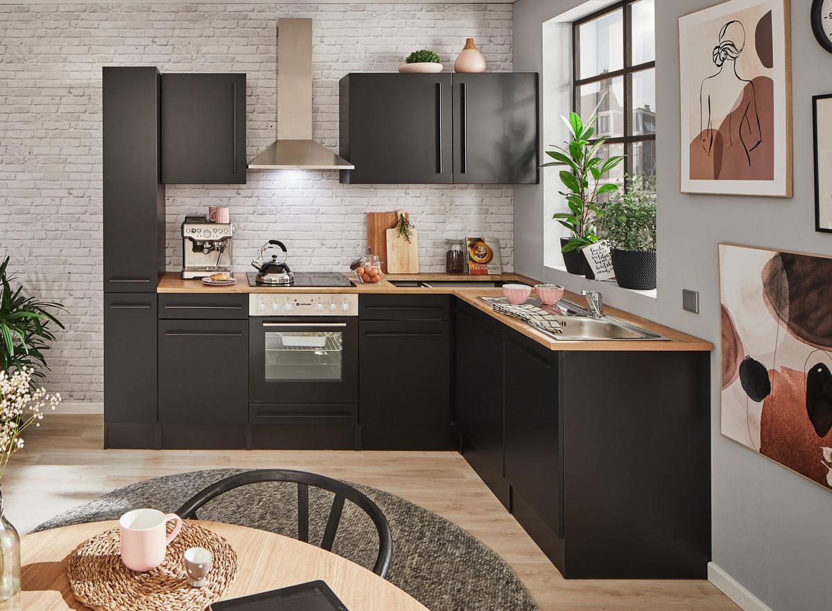 Eckküche Jazz mit Geräten ca.250x175cm Schwarz - Eichefarben/Schwarz, LIFESTYLE, Holzwerkstoff/Kunststoff (250/175cm) - P & B