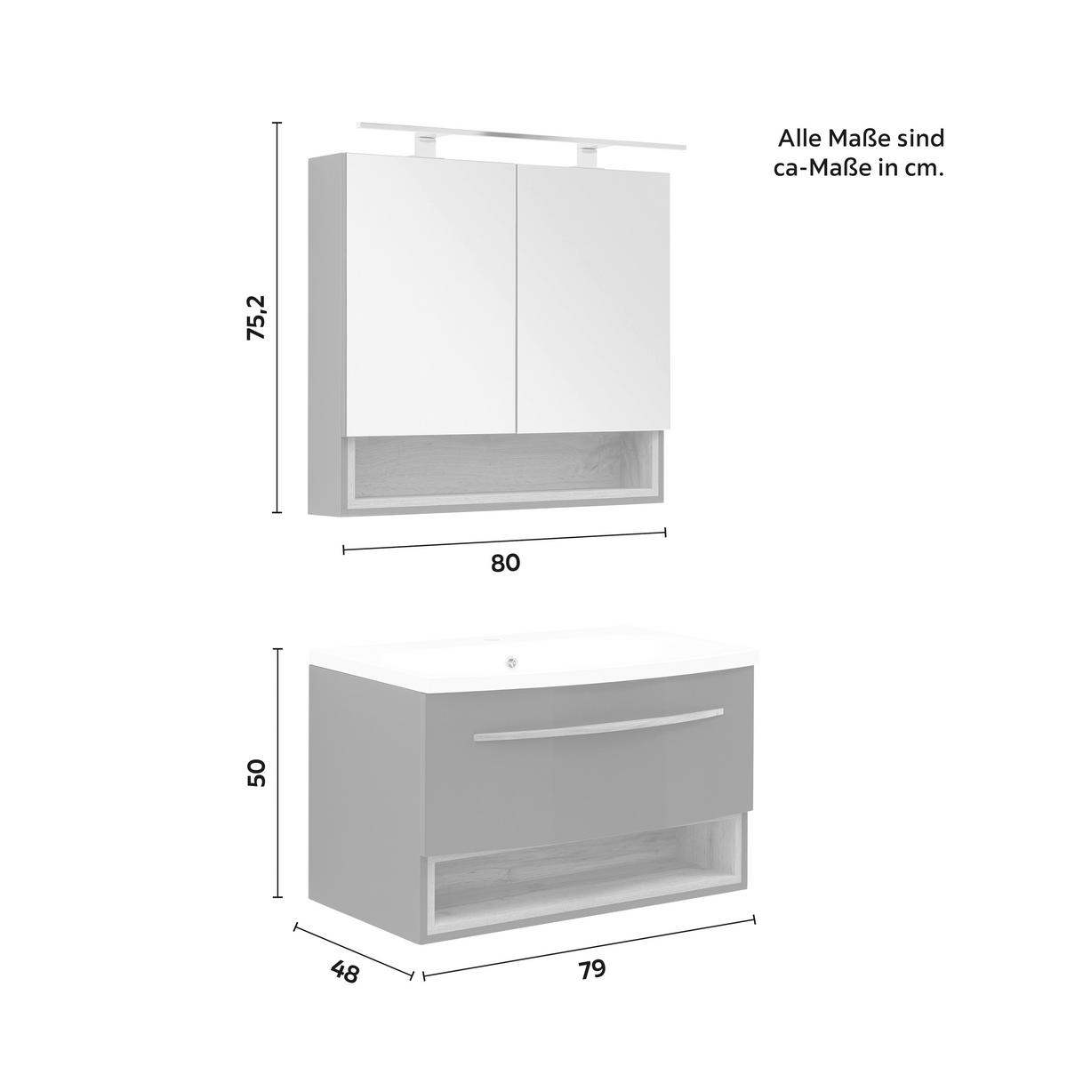 Waschtischkombi "Atlanta" mit Waschbecken & Spiegelschrank - Weiss/Dunkelgrau, Modern, Holz (80/180/50cm) - Bessagi Home