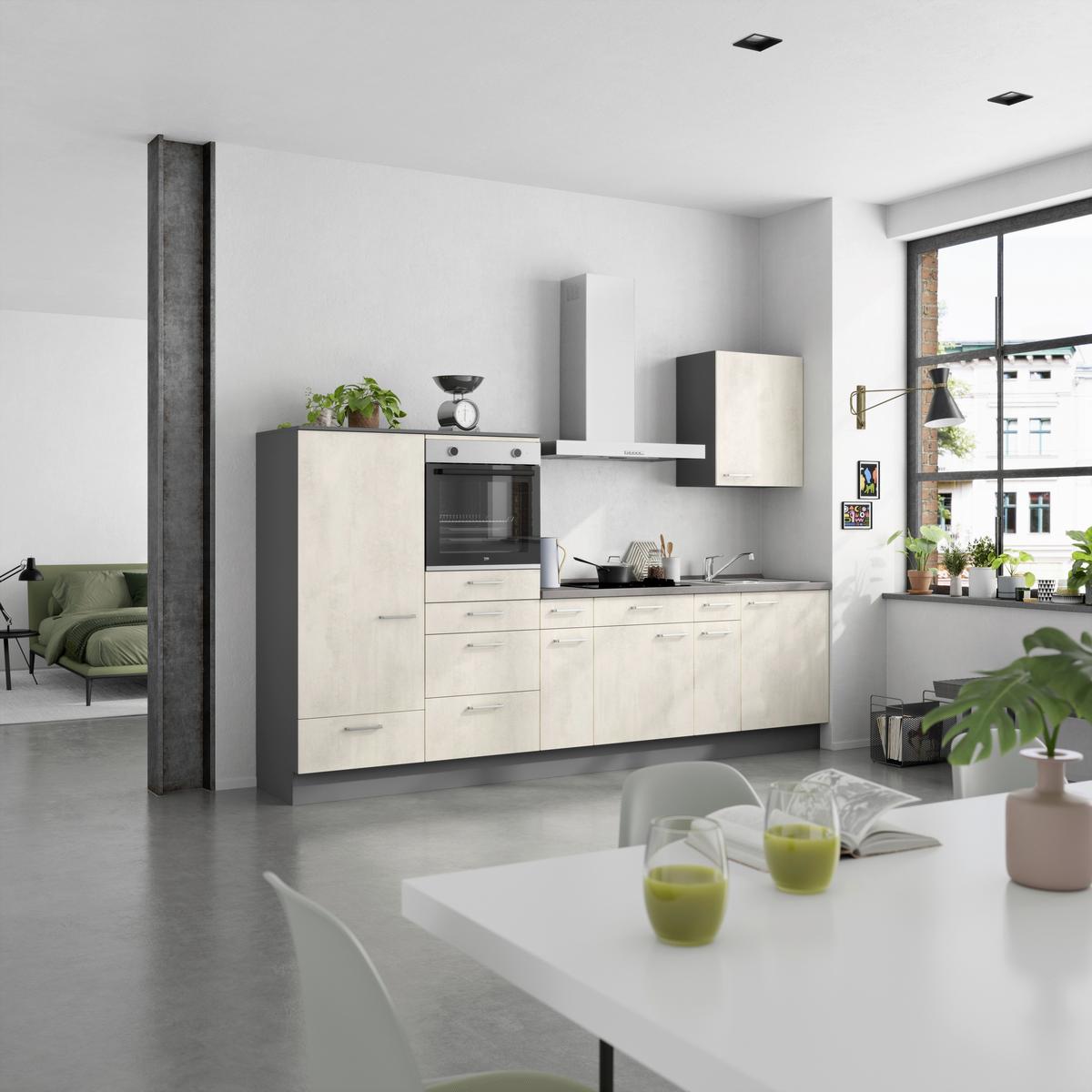 Küchenblock Riva Low m. Geräten Weiß - Schieferfarben/Edelstahlfarben, MODERN, Holzwerkstoff/Metall (300cm) - Nobilia