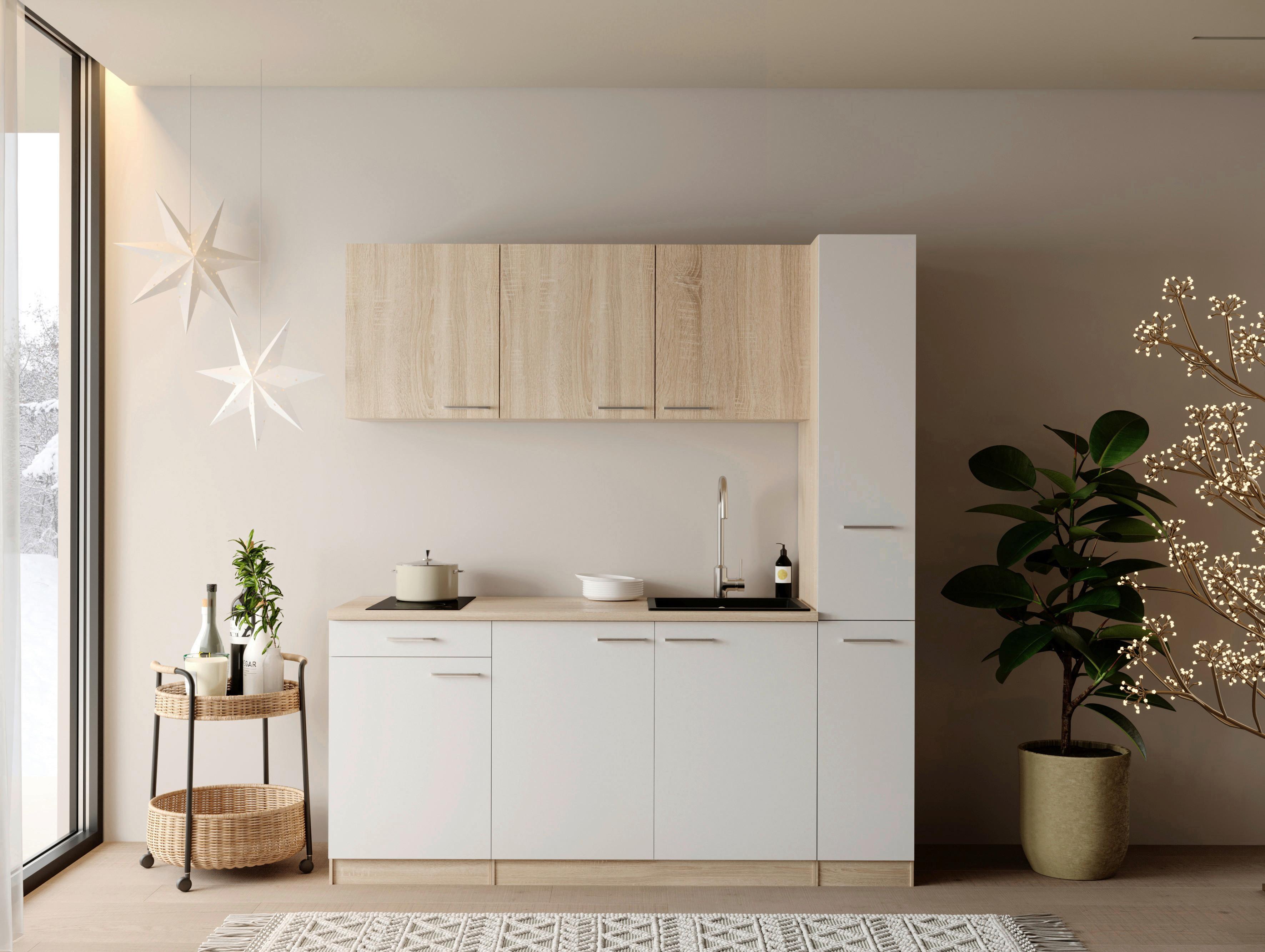 Küchenblock Ingrid m. Gerät Weiß - Eichefarben/Alufarben, Design, Holzwerkstoff/Kunststoff (180cm) - Respekta