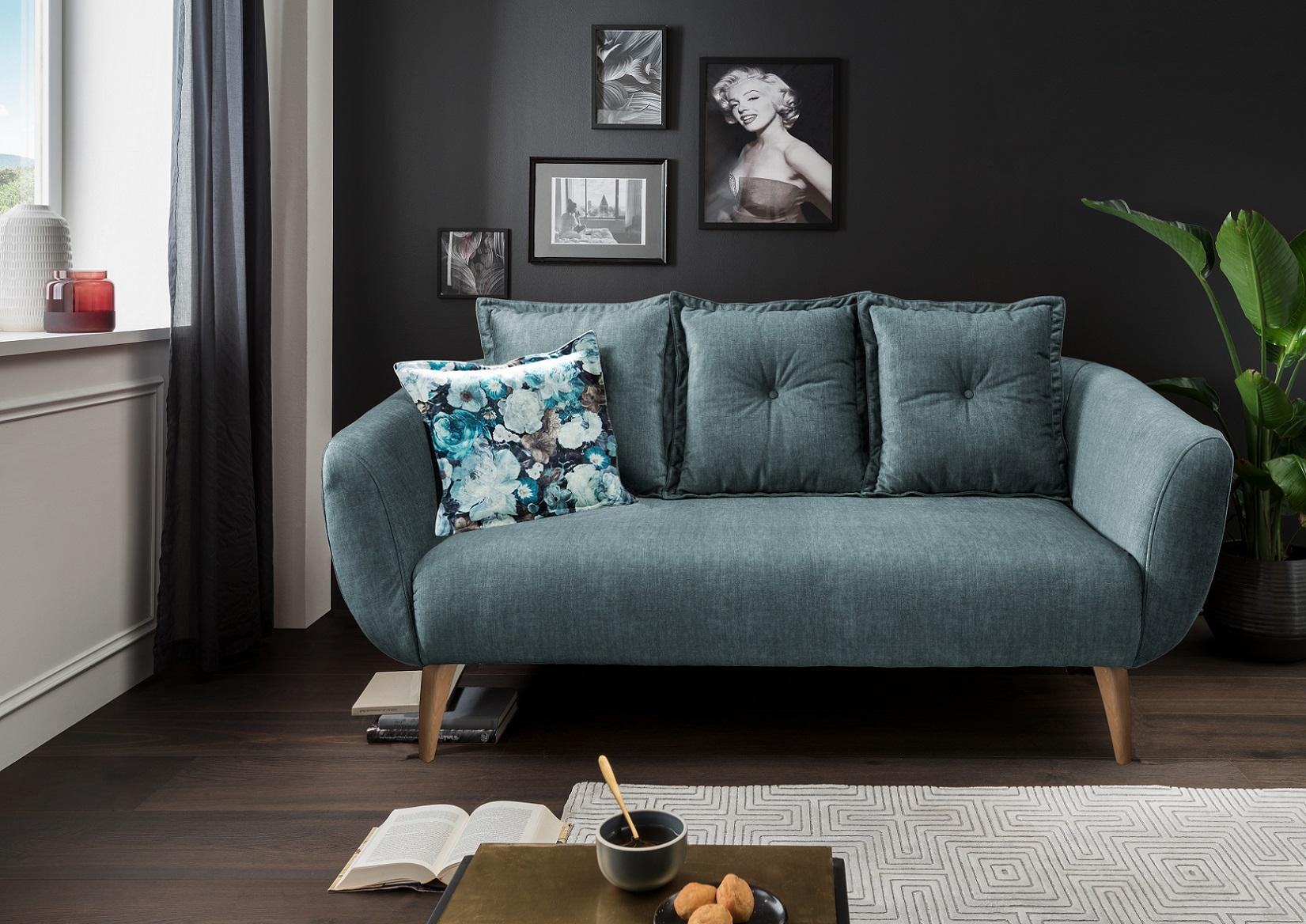 2,5-Sitzer-Sofa Baggio Blau Velours - Blau/Buchefarben, MODERN, Holz/Textil (196/94/103cm) - Livetastic