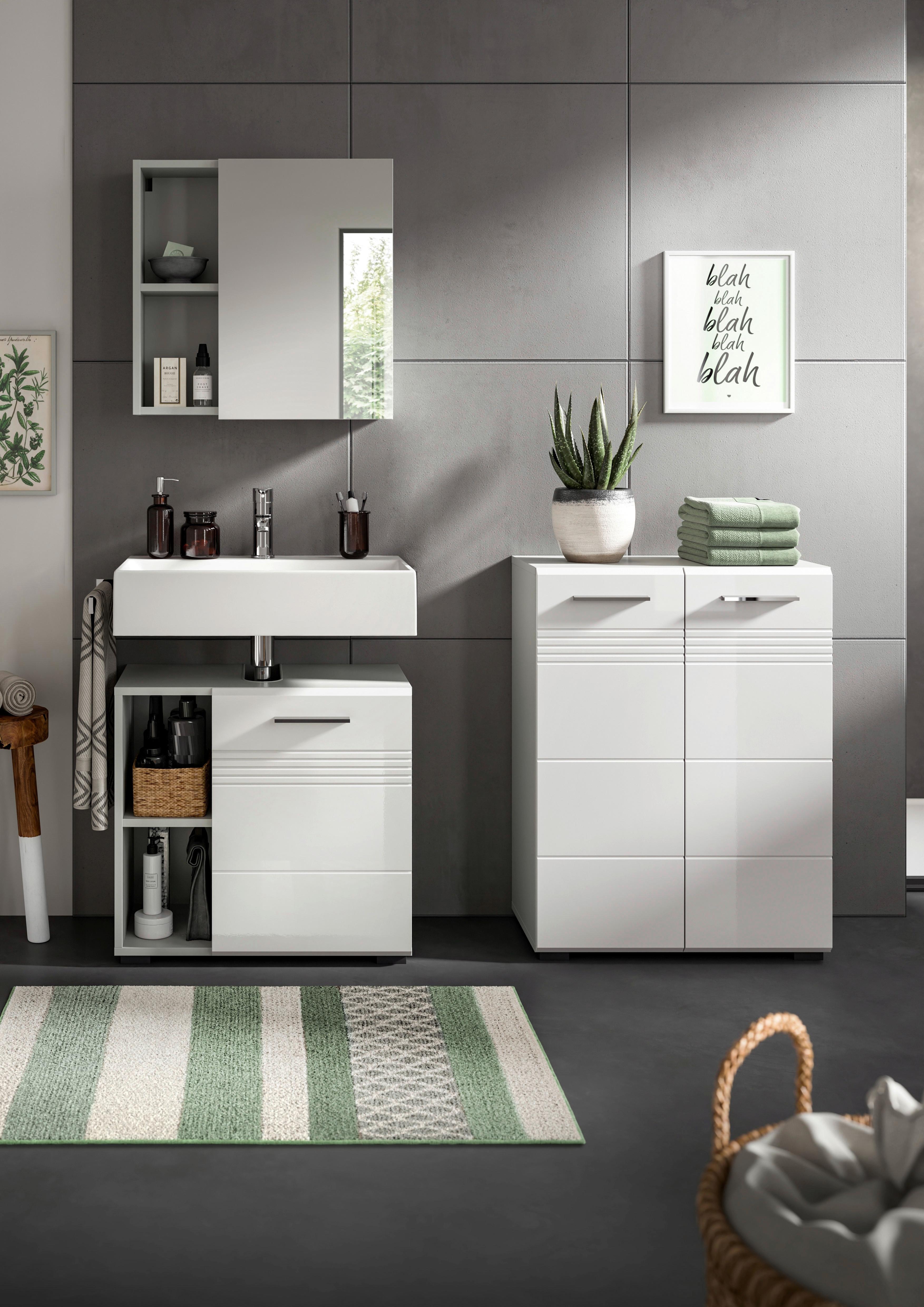 Badezimmer-Set COPA 3-teilig, Grau/Weiß Hochglanz - Chromfarben/Weiß Hochglanz, MODERN, Holzwerkstoff/Kunststoff (120cm) - MID.YOU