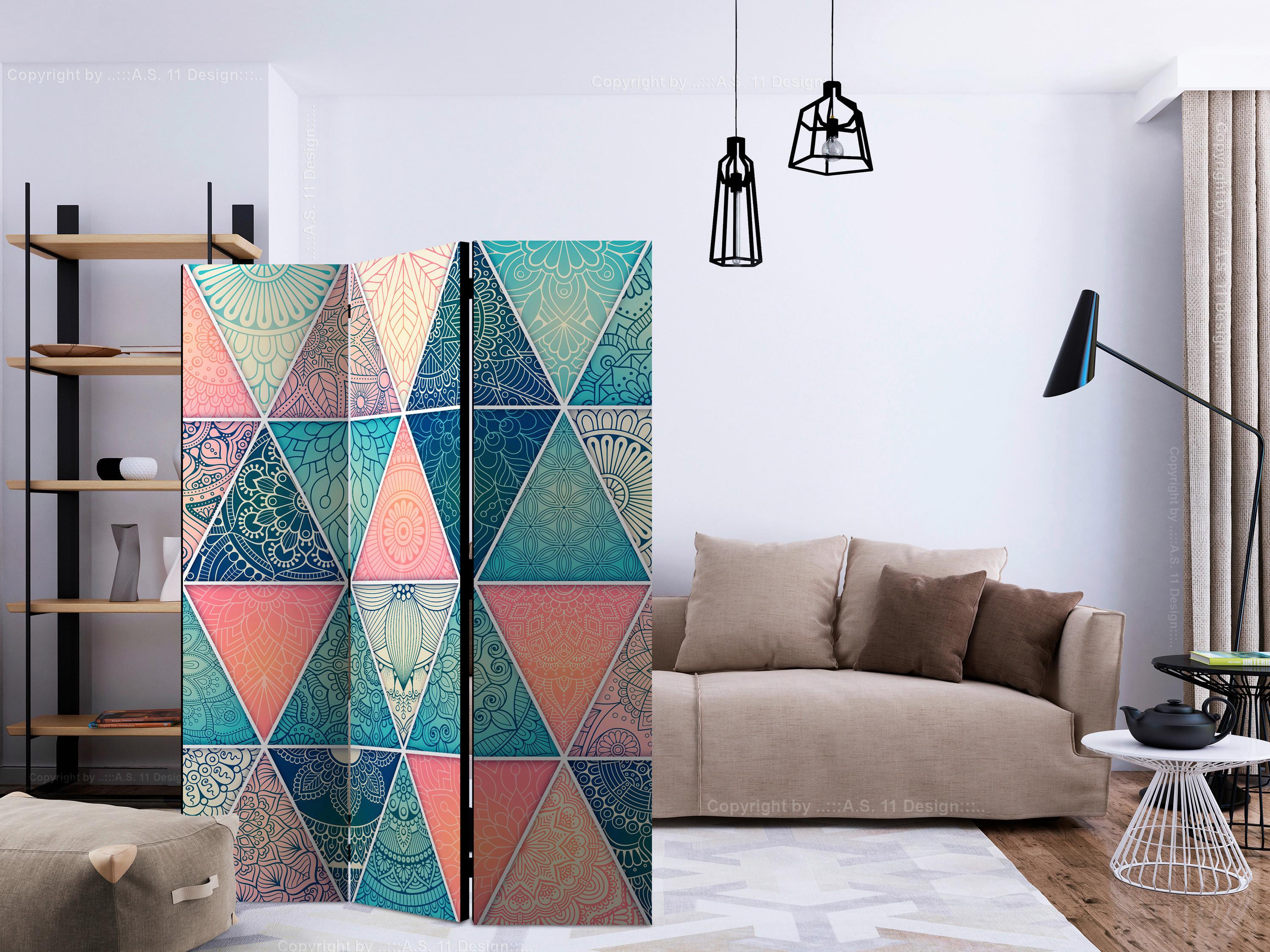 Paravan Oriental Triangles, 3-Delni, Dvostranski - turkizna/večbarvno, Basics, tekstil/les (135/172/3cm) - artgeist