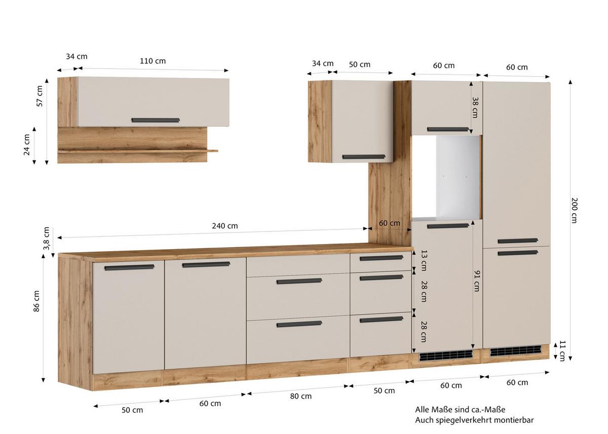 Küchenleerblock Aveiro o. Geräte Kaschmir - Kaschmir/Eiche Wotan, Trend, Holzwerkstoff/Metall (360cm) - Held