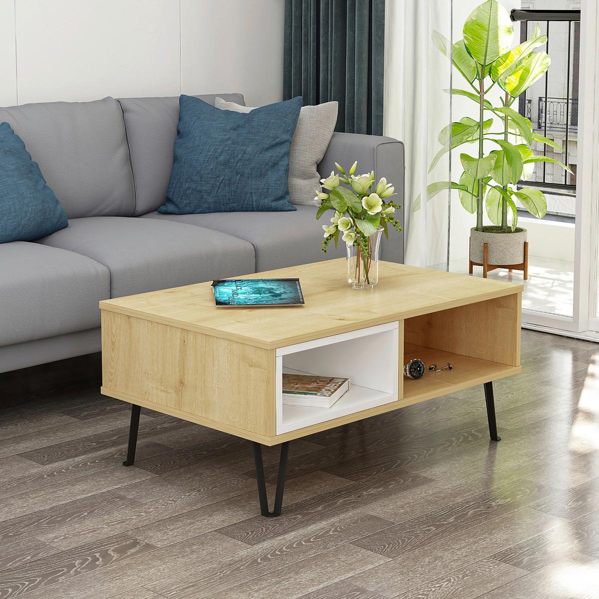 Couchtisch "Mendoz", Eichenfarben, Weiß - Eichefarben/Schwarz, Design, Holzwerkstoff/Metall (90/60/41,1cm) - Livetastic
