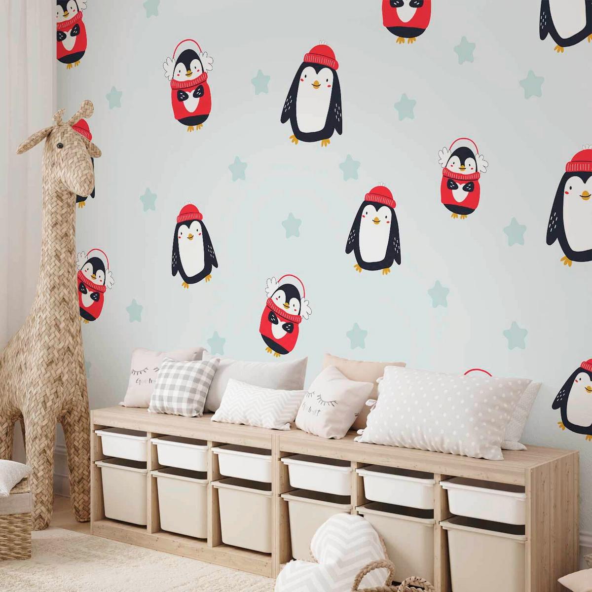 Fototapeta Brawling Penguins, 150x105cm - rdeča/pastelno modra, Trendi, tekstil (150/105cm) - artgeist