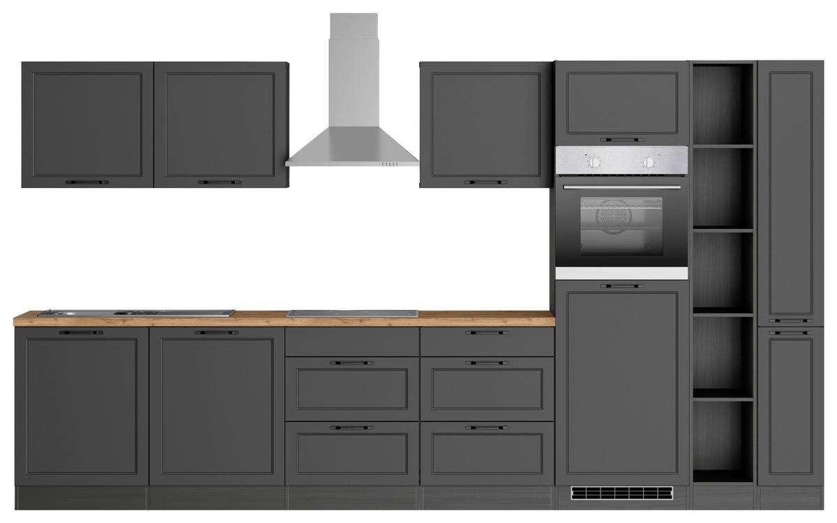 Küchenzeile Meran  mit Geräten ca. 360 cm Grau/Eiche Dekor - Eiche Wotan/Schwarz, LIFESTYLE, Holzwerkstoff/Metall (360cm) - Held
