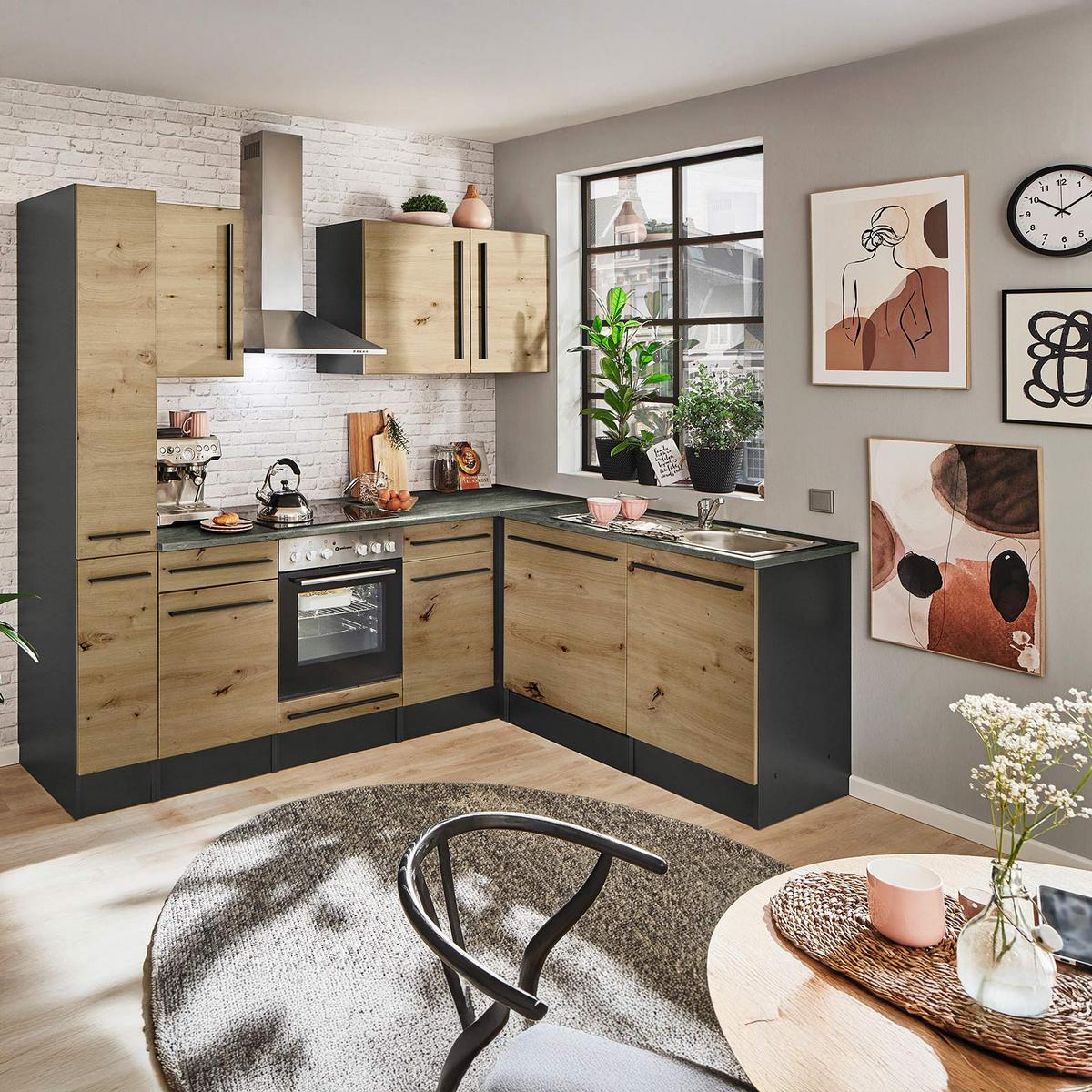 Eckküche Jazz mit Geräten ca.220x175cm Eiche/Anthrazit - Anthrazit/Schwarz, LIFESTYLE, Holzwerkstoff/Kunststoff (220/175cm) - P & B