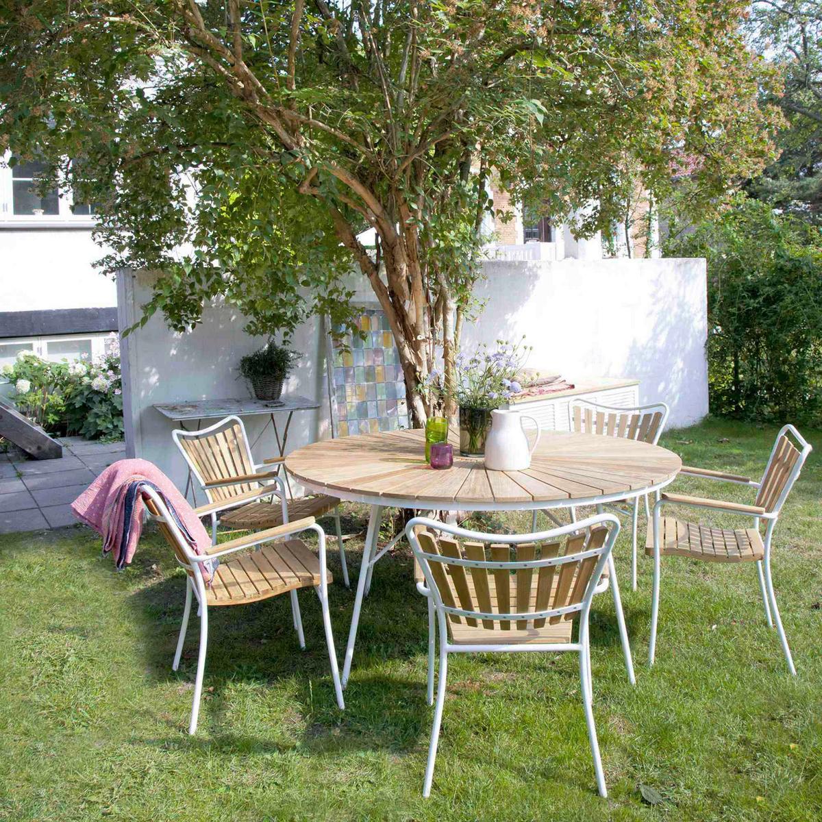Gartentischgruppe Ellen Weiß/Teak 6-tlg. - Weiß Hochglanz/Teakfarben, Natur, Holz/Metall (180/180/78cm) - Gardenson