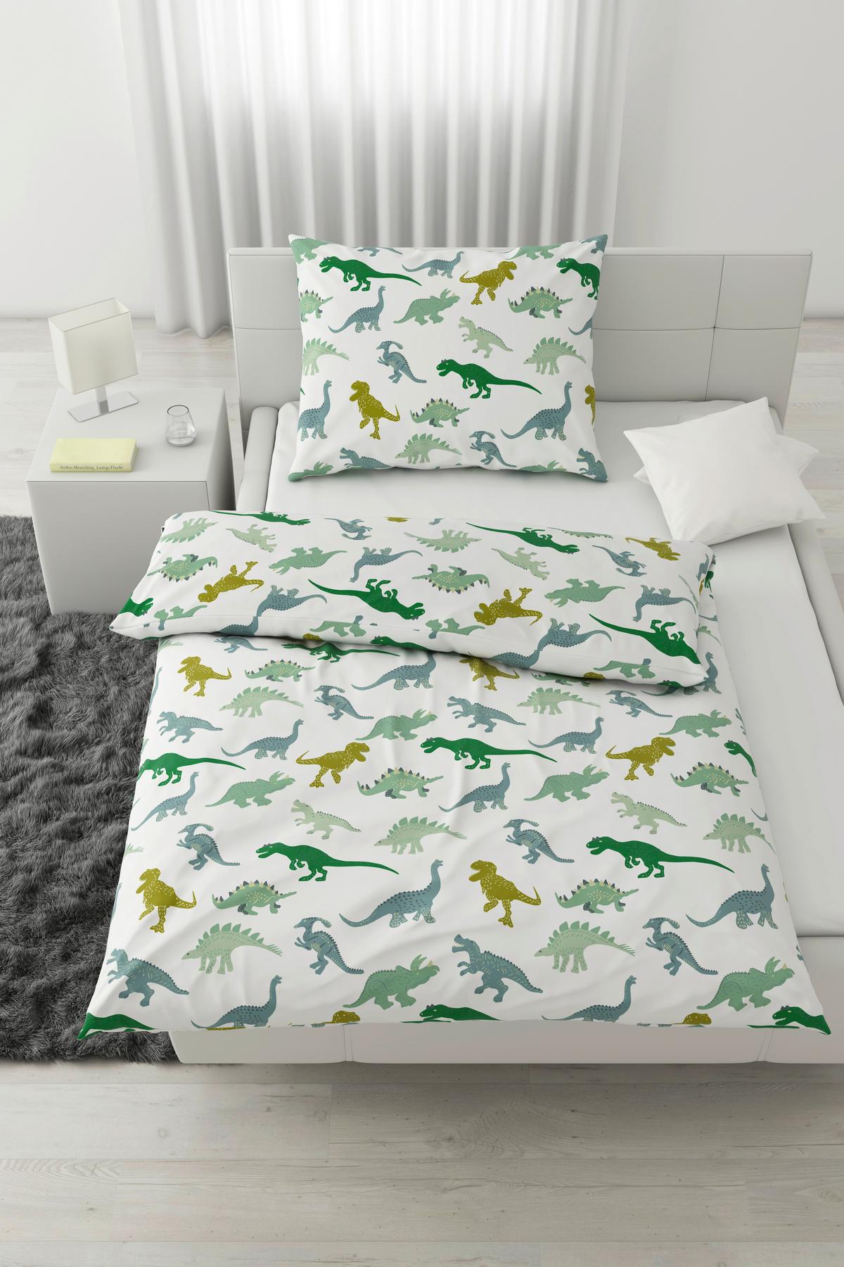 Kinderbettwäscheset DINO - Weiss/Grün, Textil (160/210cm) - Mömax