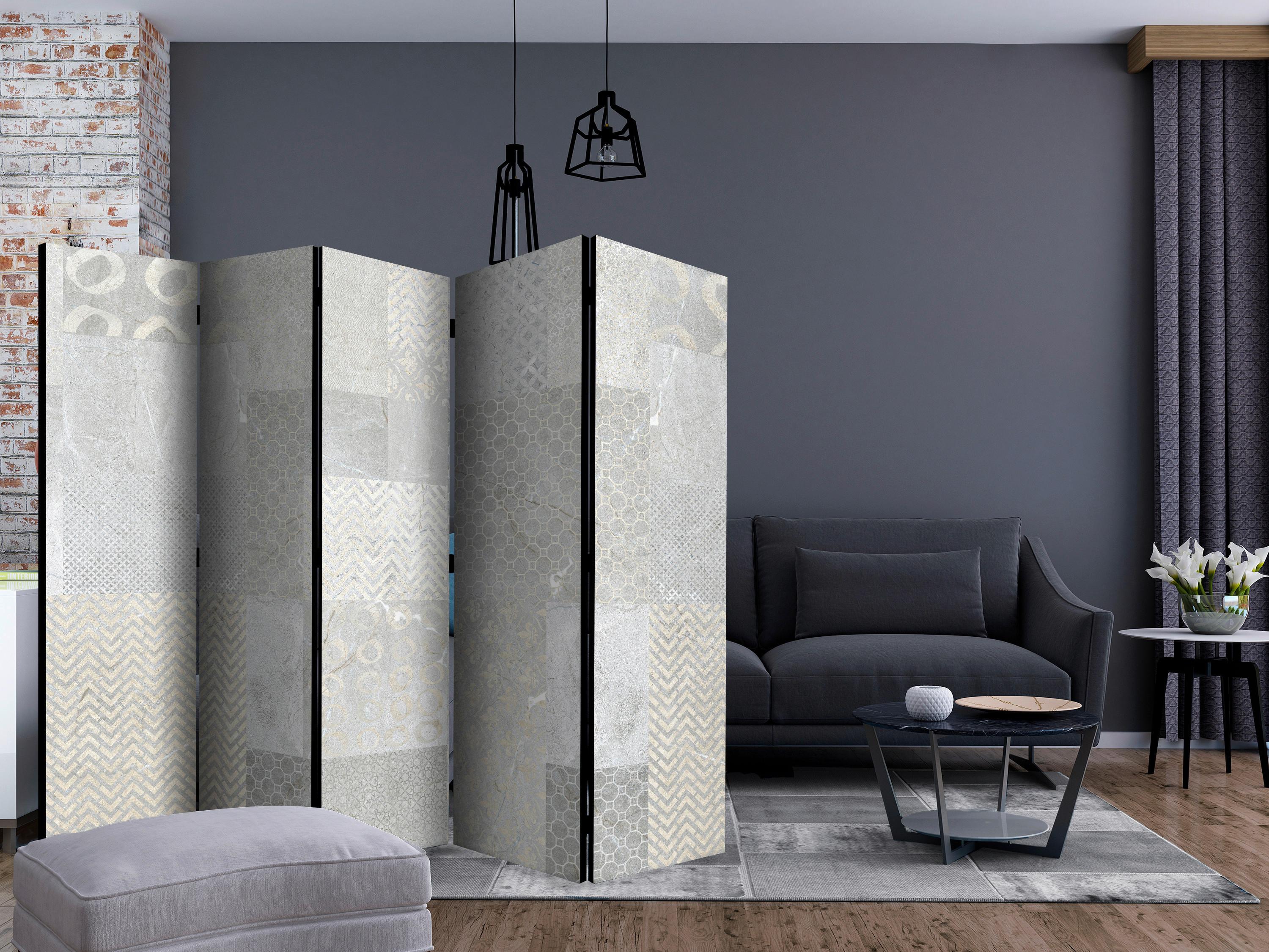 Paravan Tiles I, 5-Delni, Dvostranski - sivobež/svetlo siva, Basics, tekstil/les (225/172/3cm) - artgeist