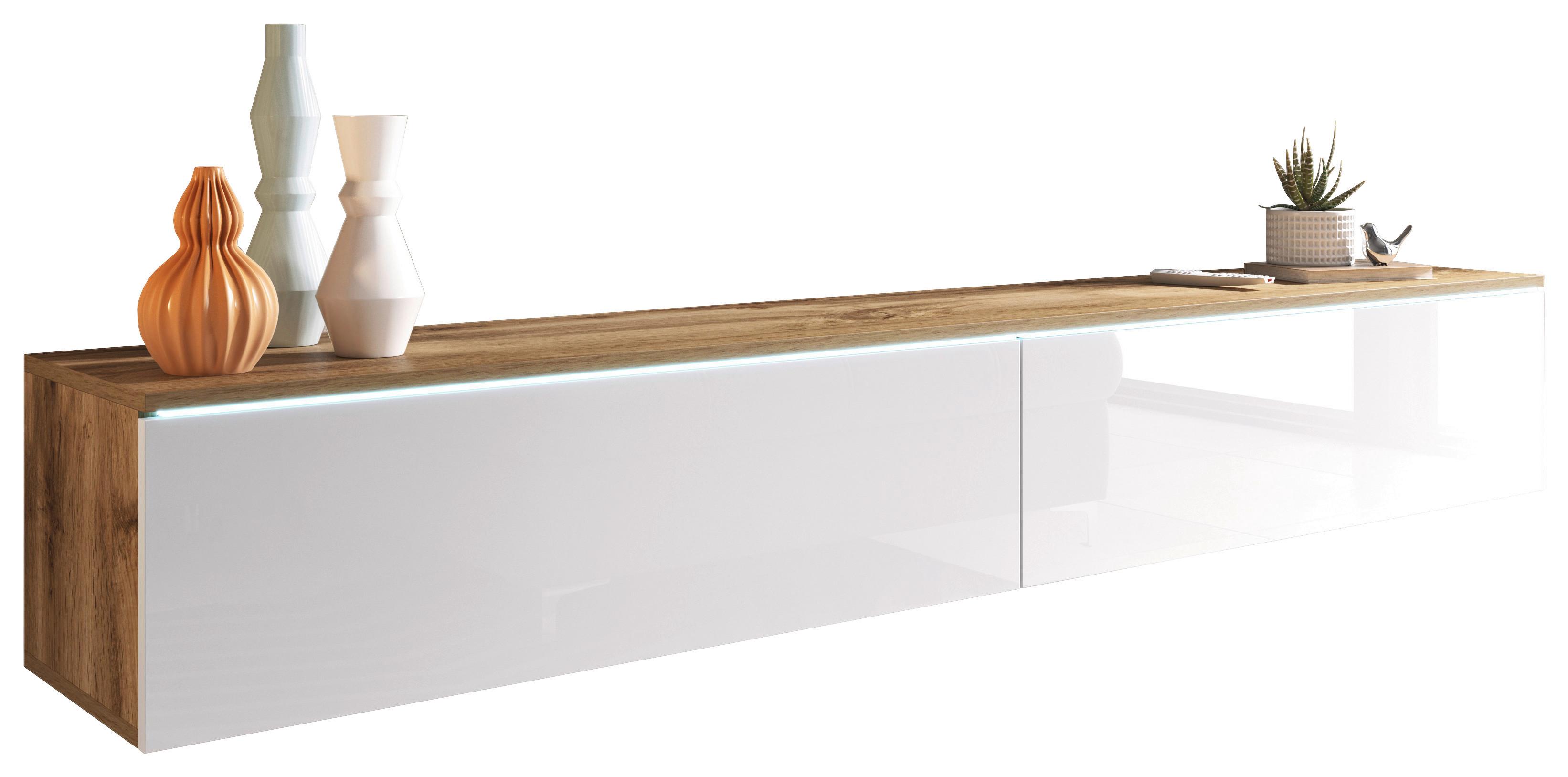 Lowboard ca. 180x30 cm mit LED Weiß/Eiche - Weiß Hochglanz/Eiche Wotan, LIFESTYLE, Holzwerkstoff/Kunststoff (180/30/33cm) - P & B