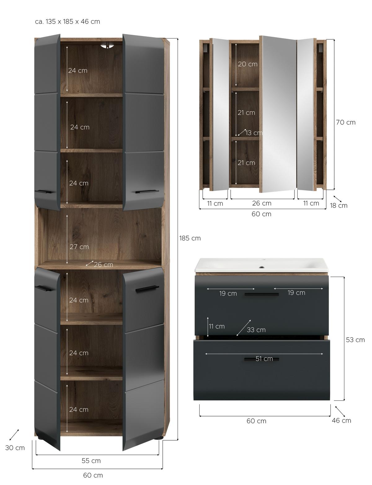 Badezimmer Ice 3-tlg. Schwarz/Eiche dunkel - Eiche dunkel/Schwarz, Basics, Keramik/Holzwerkstoff (120cm) - MID.YOU