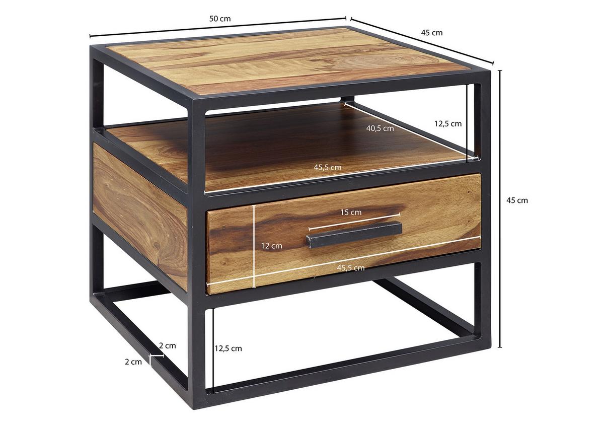 Nachtkästchen "WL5.624", aus Sheesham - Sheeshamfarben/Schwarz, MODERN, Holz/Metall (50/45/45cm) - MID.YOU