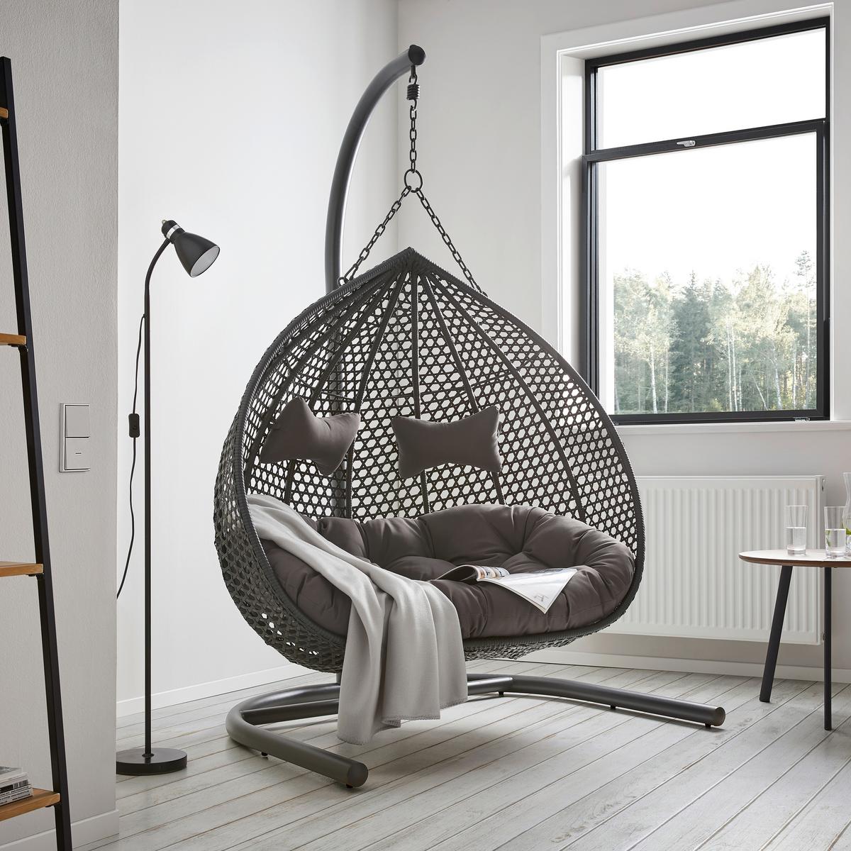 Hängesessel BARI Dunkelgrau, Kissen Grau - Dunkelgrau/Grau, Modern, Kunststoff/Textil (130/201/116cm) - Bessagi Garden