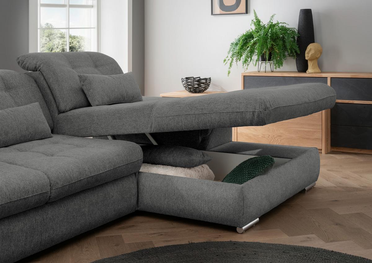 Ecksofa Rigatti mit Bettkasten ca. 314x184 cm Graubraun - Chromfarben/Graubraun, MODERN, Textil/Metall (314/184cm) - Livetastic