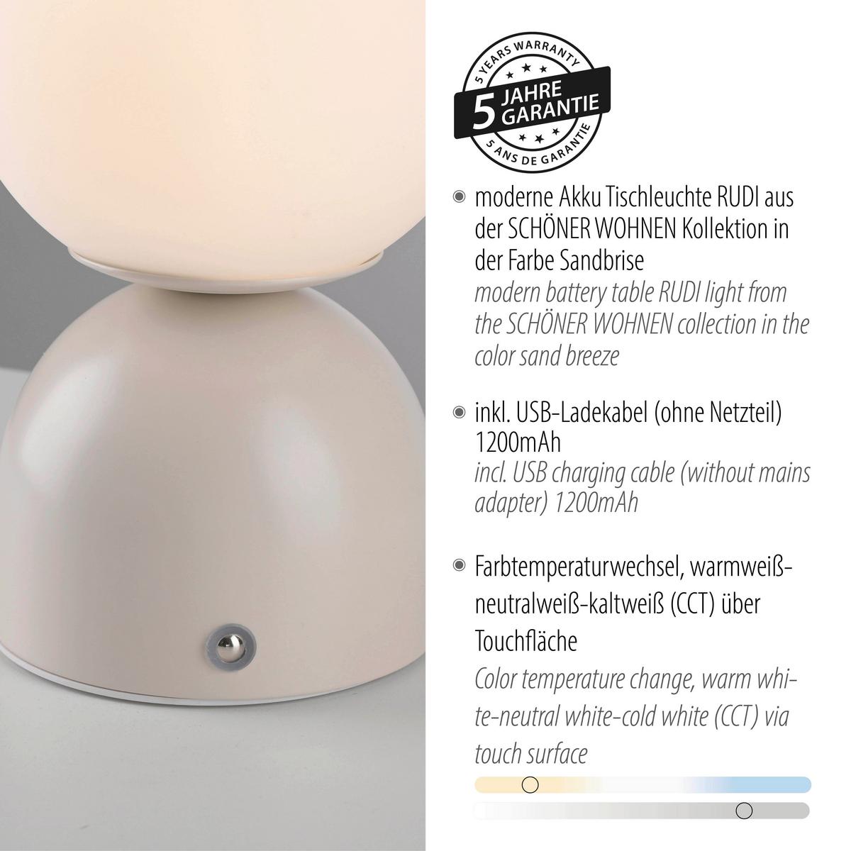 LAMPA STOŁOWA Z AKUMULATOREM 19218-39 RUDI - kolor piaskowy, Design, tworzywo sztuczne/metal (12/12/20cm) - Schöner Wohnen