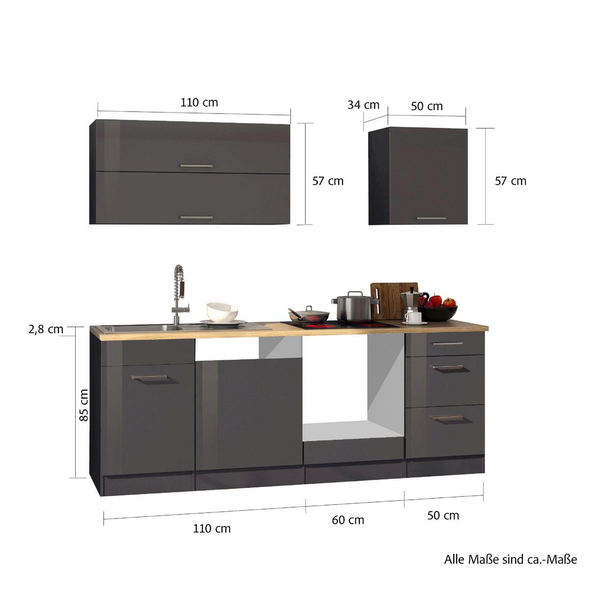 Küchenleerblock Mailand o. Geräte Graphitfarben - Silberfarben/Graphitfarben, MODERN, Glas/Holzwerkstoff (220cm) - Held