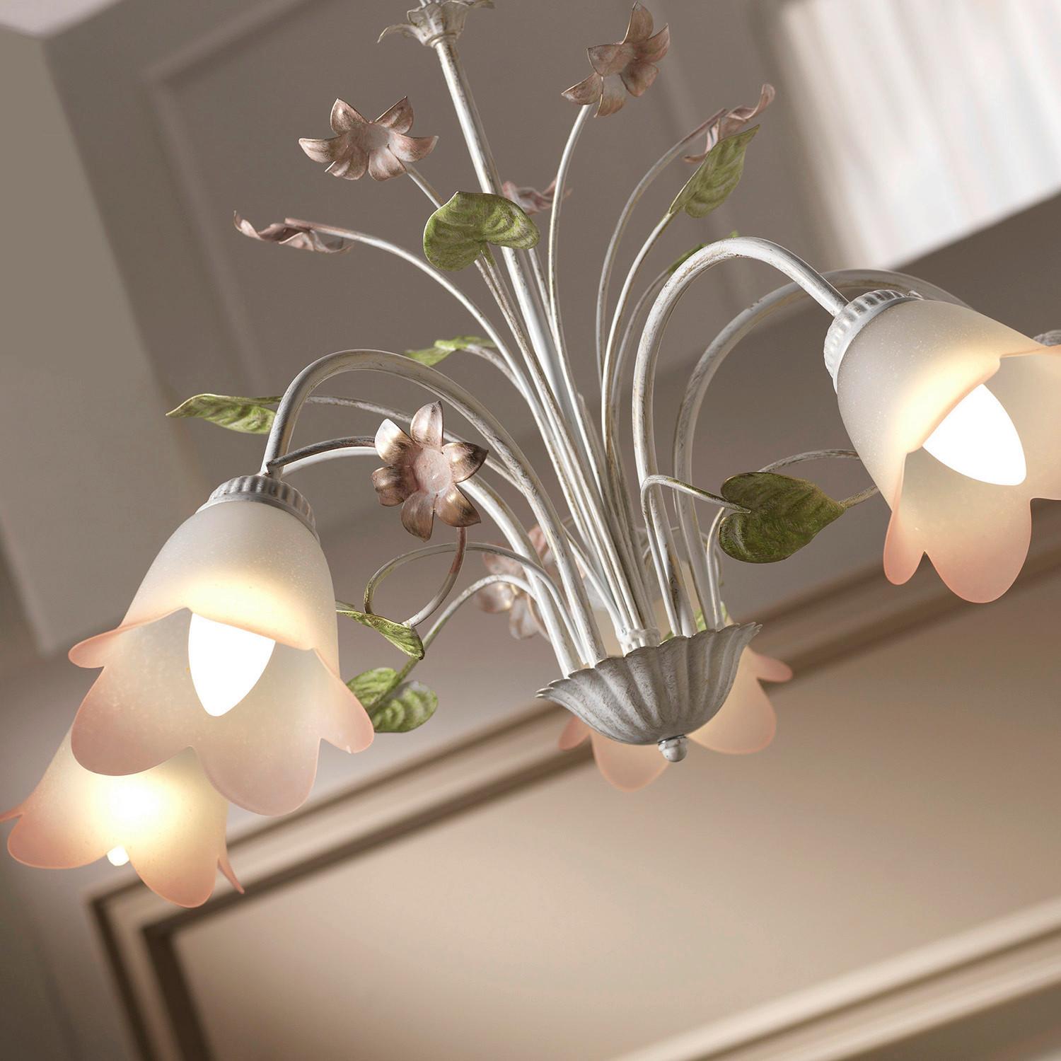 Kronleuchter Botton d'oro Weiß/Pink max. 6 Watt - Pink/Weiß, Natur, Glas/Metall (65/100cm)